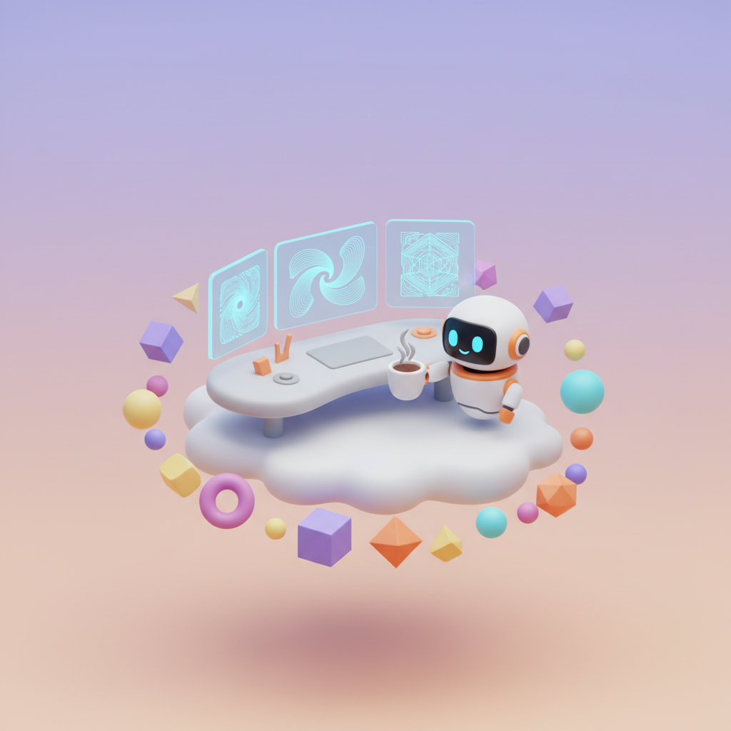 Isometric 3D illustration of a creative workspace, floating desk with holographic screens showing AI-generated art, robot assistant handing coffee cup, colorful geometric shapes orbiting around, soft gradient background from lavender to peach, clay render style with matte plastic materials, playful tech startup aesthetic, clean composition with plenty of negative space