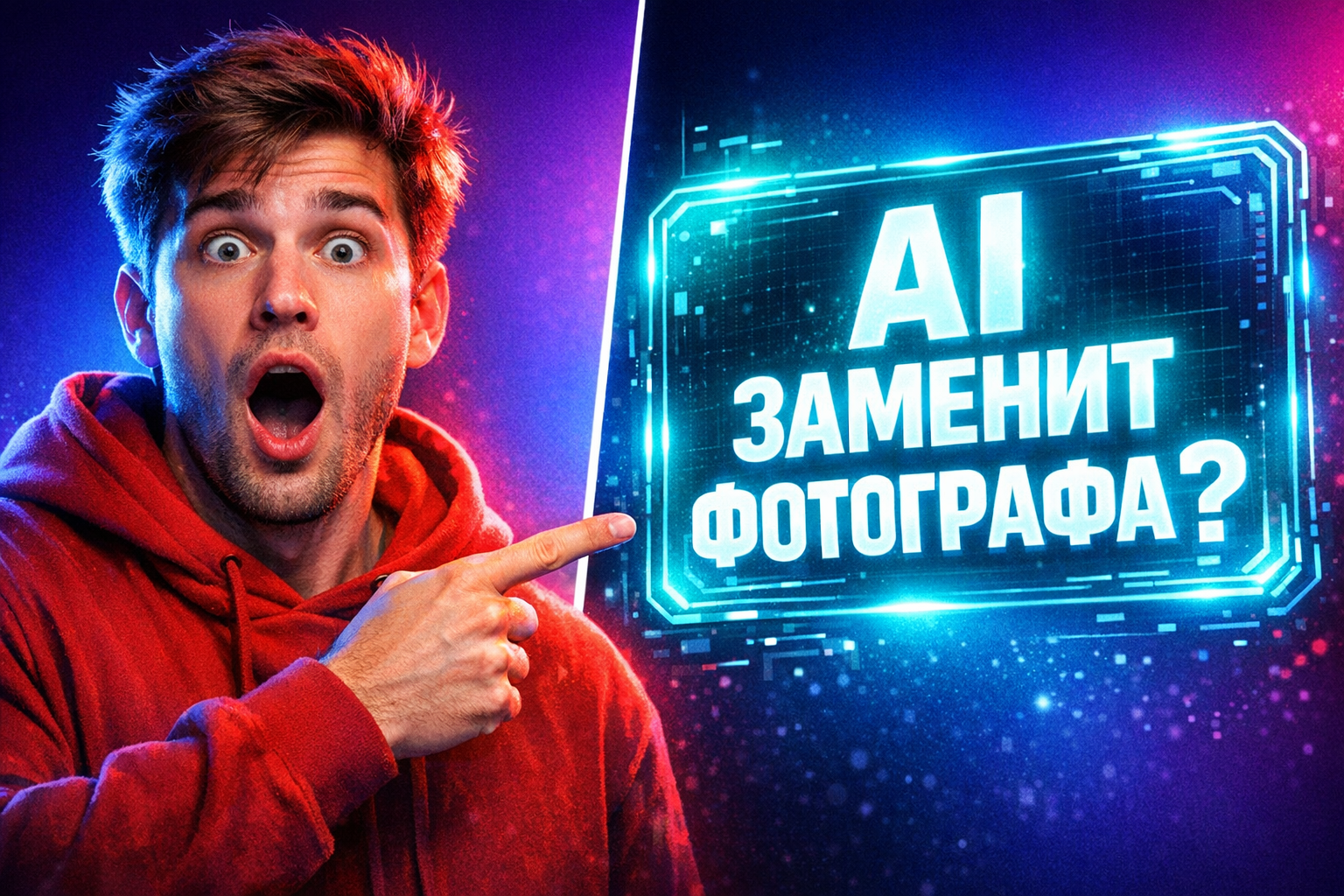YouTube thumbnail, split composition: left side shows a shocked young man with open mouth pointing at the right side, right side has a giant glowing holographic screen displaying bold white text “AI REPLACED MY PHOTOGRAPHER” with neon cyan glow, background gradient from deep purple to electric blue, dramatic rim lighting on the person, hyper-saturated colors, 16:9 aspect ratio, attention-grabbing composition