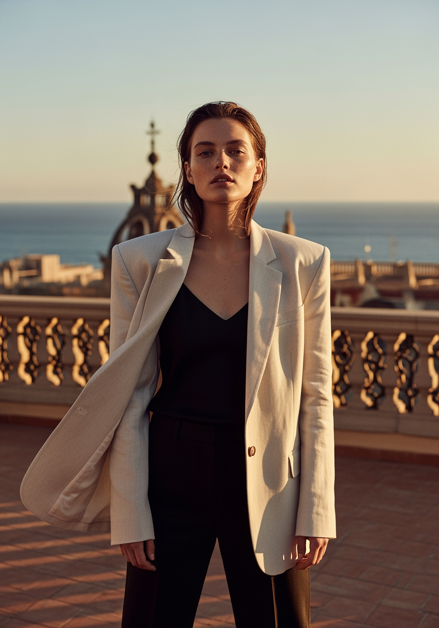 High-end fashion editorial photograph, model wearing oversized cream linen blazer over black silk camisole, standing in golden hour light on a Barcelona rooftop terrace, Mediterranean sea visible in background, Vogue Italia aesthetic, shot on medium format camera, natural skin texture with subtle freckles, wind catching fabric, shallow depth of field f/1.8, warm color grading