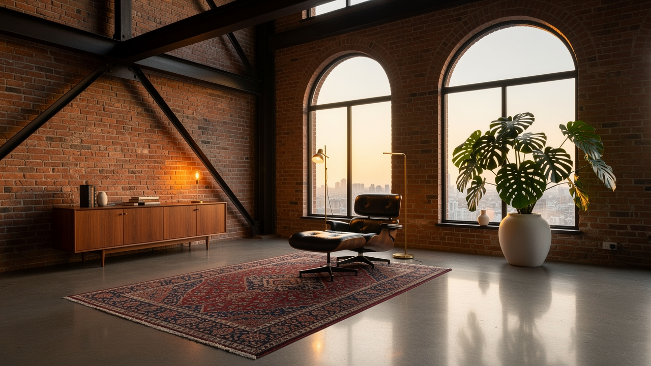 Photorealistic interior of a modern loft apartment, 6-meter ceiling height, exposed brick wall with industrial steel beams, floor-to-ceiling arched windows flooding space with golden hour light, polished concrete floor with vintage Persian rug, mid-century modern furniture — Eames lounge chair, walnut credenza, brass floor lamp, monstera plant in ceramic pot, architectural digest photography, 4K, shot on tilt-shift lens