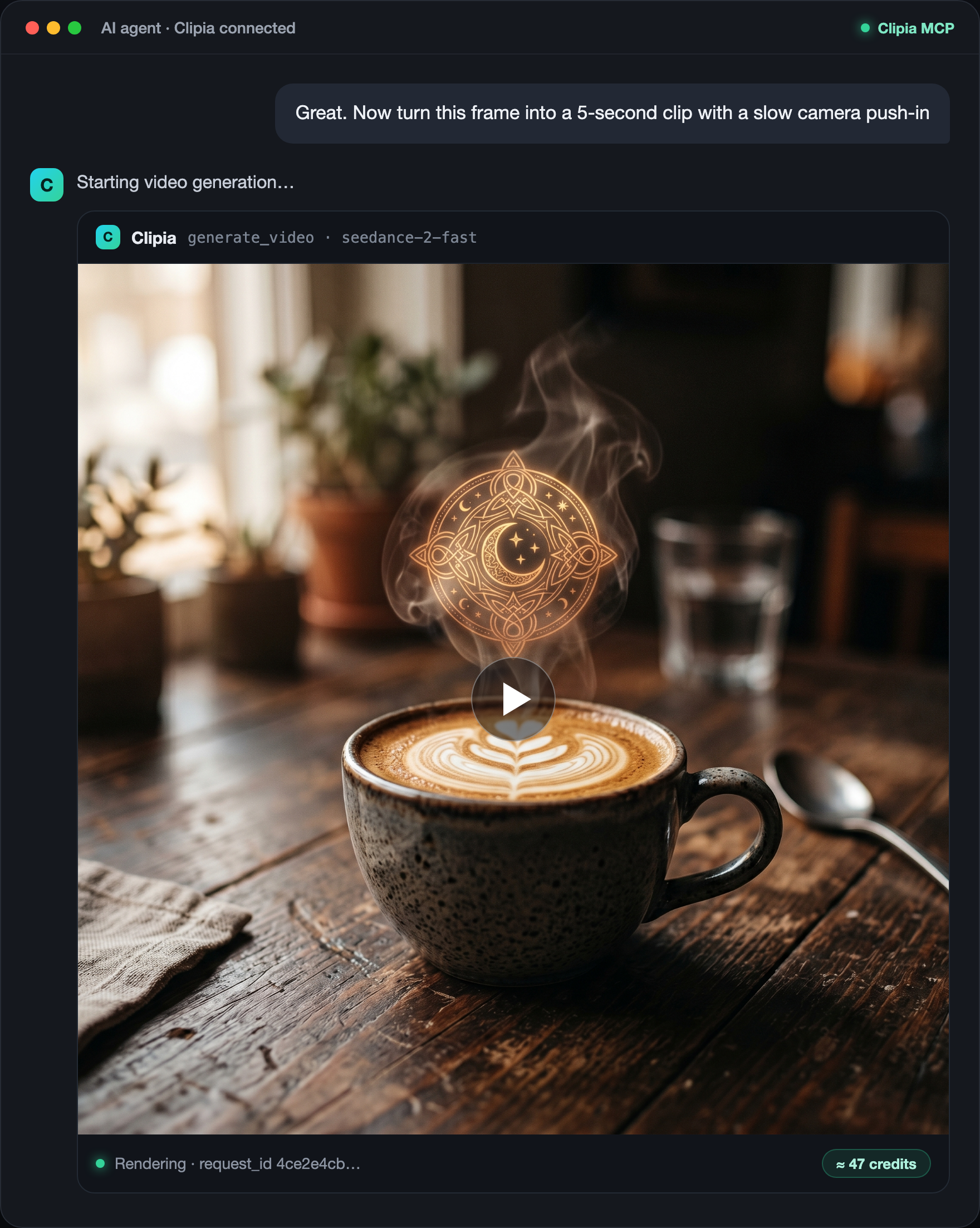 Chat with an AI agent: a video request, Clipia MCP calls generate_video and returns a clip with its cost