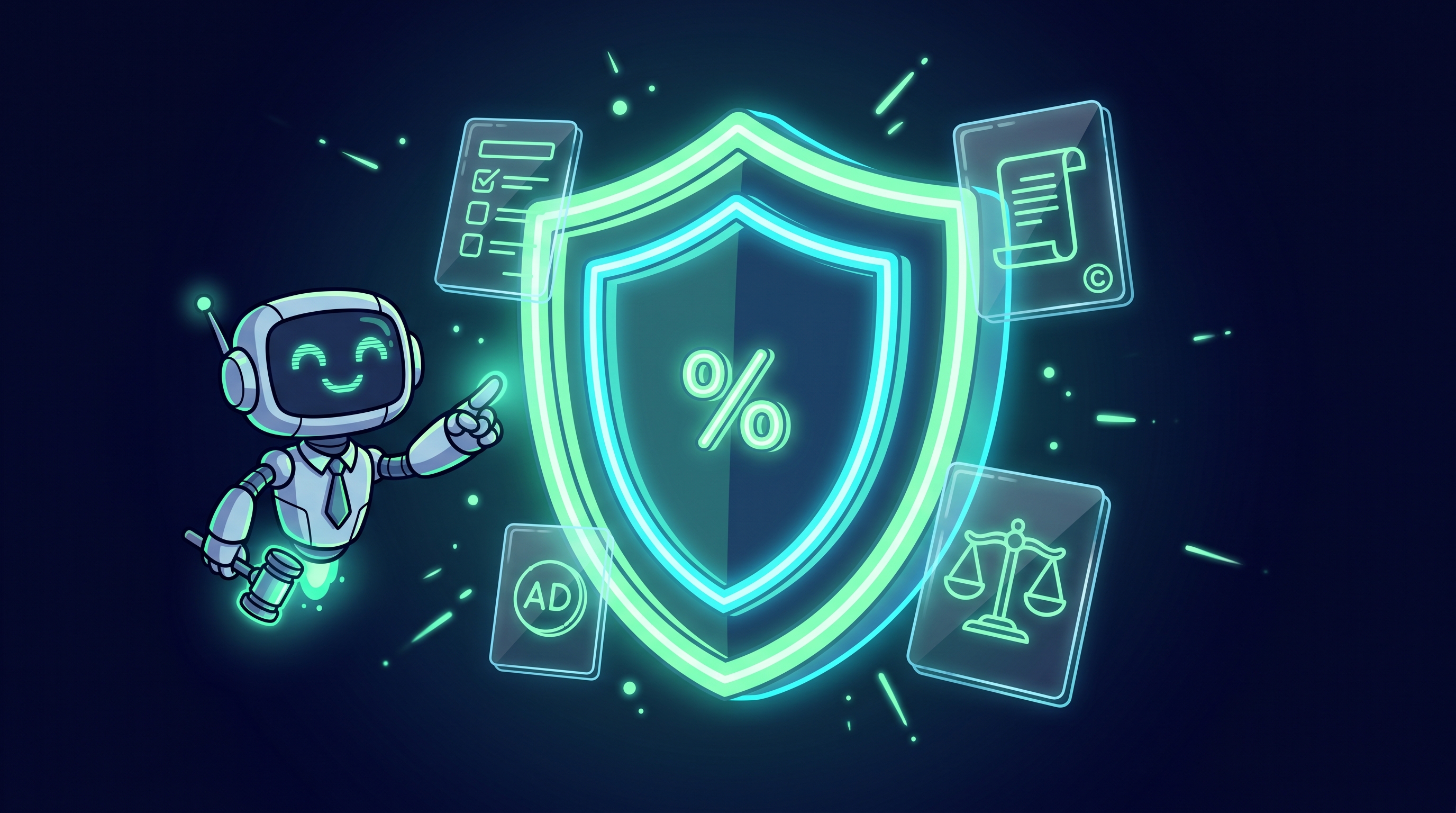 A glowing shield with a percent symbol surrounded by cards of legal artifacts — taxes, ad disclosure, copyright