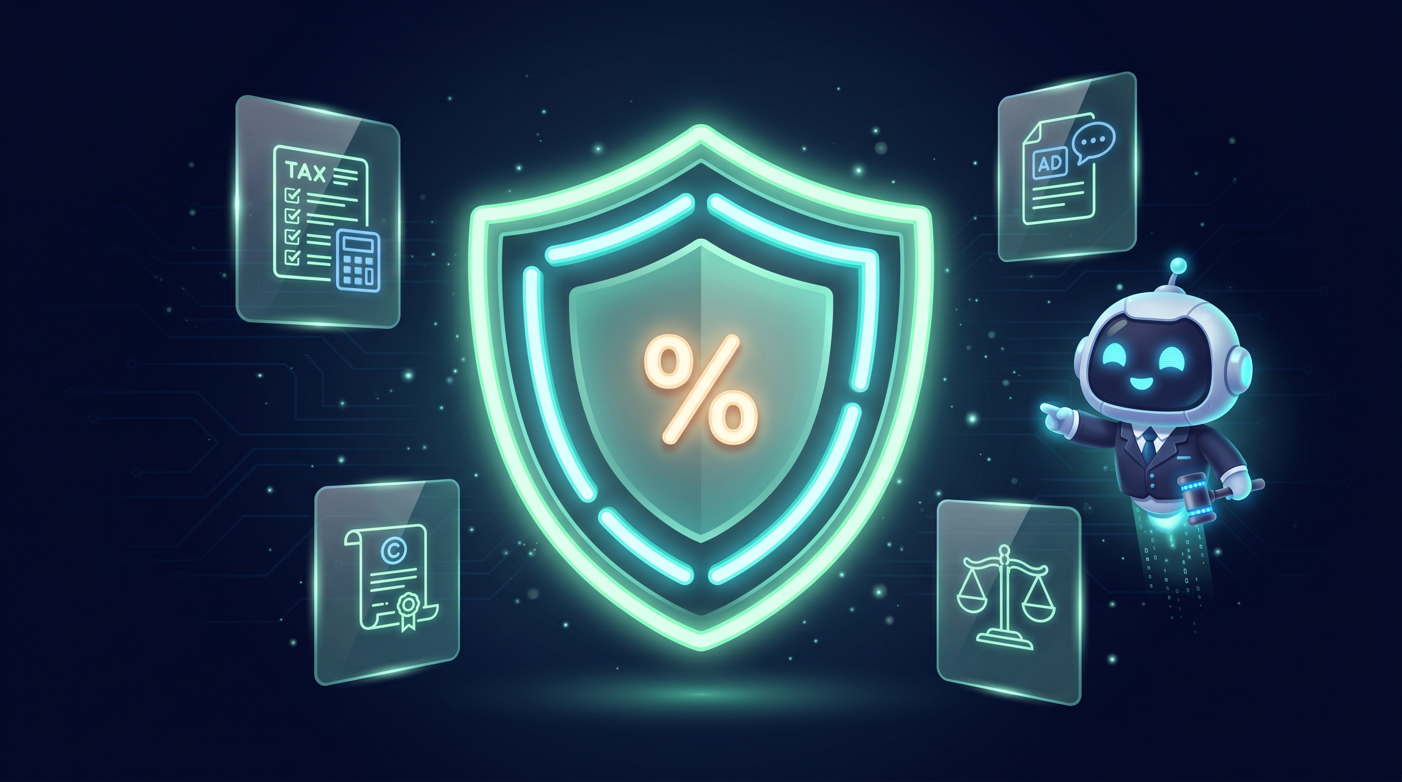 Светящийся щит с символом процента в центре, окружённый карточками юридических артефактов — налоги, маркировка рекламы, авторские права