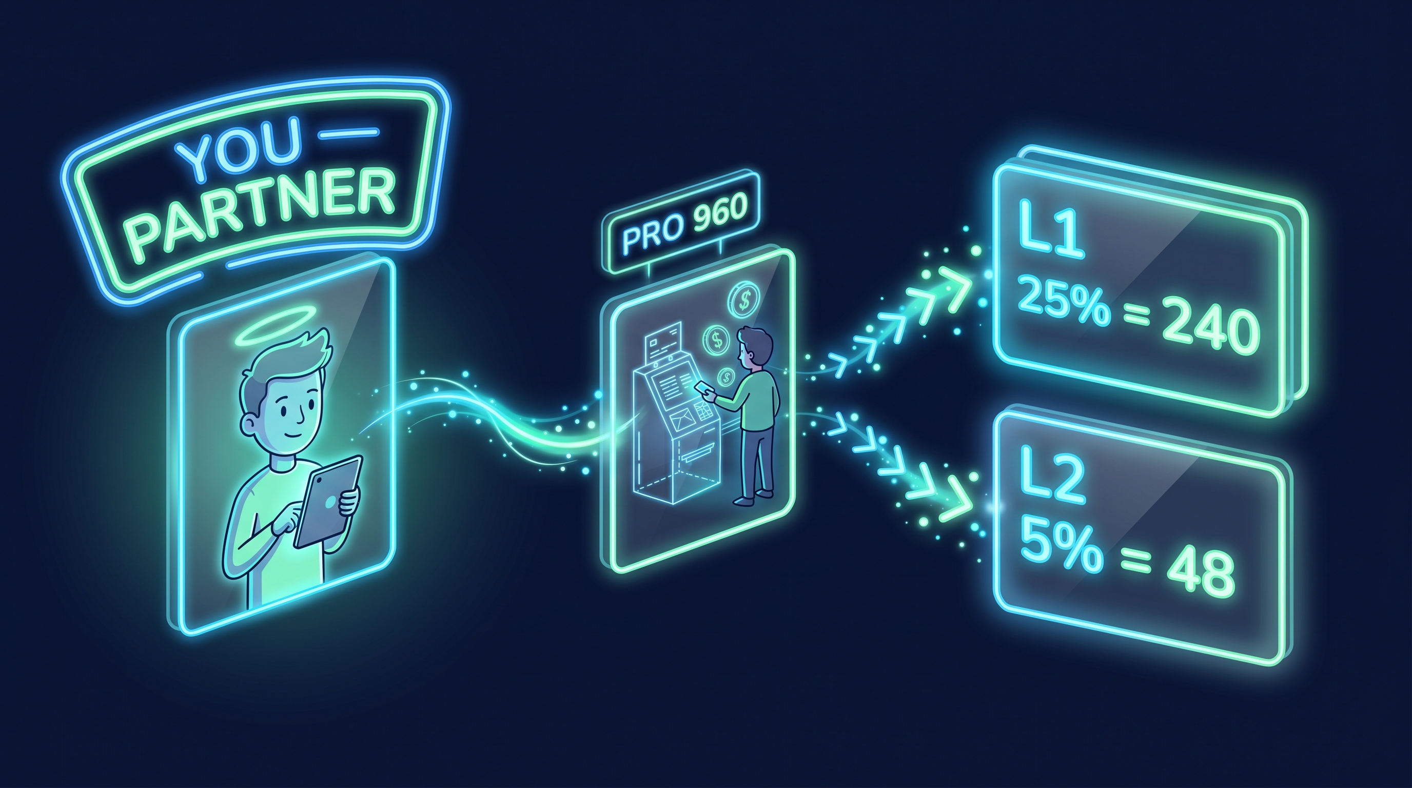 Referral traffic flow: partner brings a referral who buys Pro for 960 credits; partner earns L1 = 240 credits, upline earns L2 = 48 credits