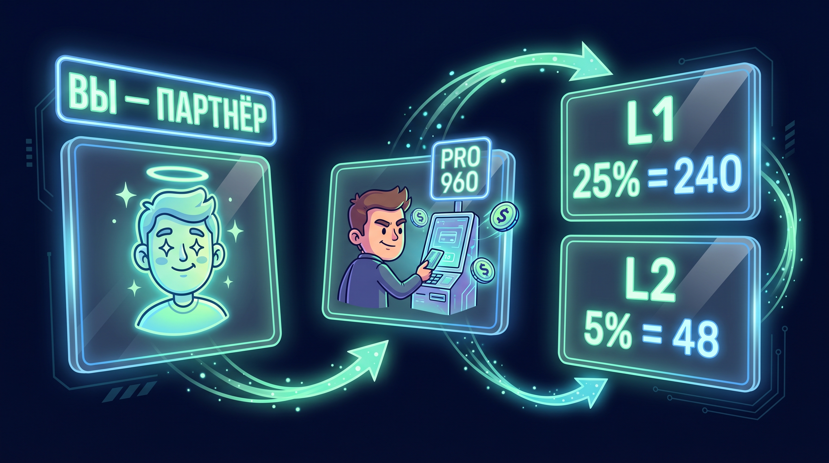 Воронка реферального трафика: партнёр приводит реферала, который покупает Pro за 960 кредитов; партнёр получает L1 = 240 кредитов, его аплайн получает L2 = 48 кредитов