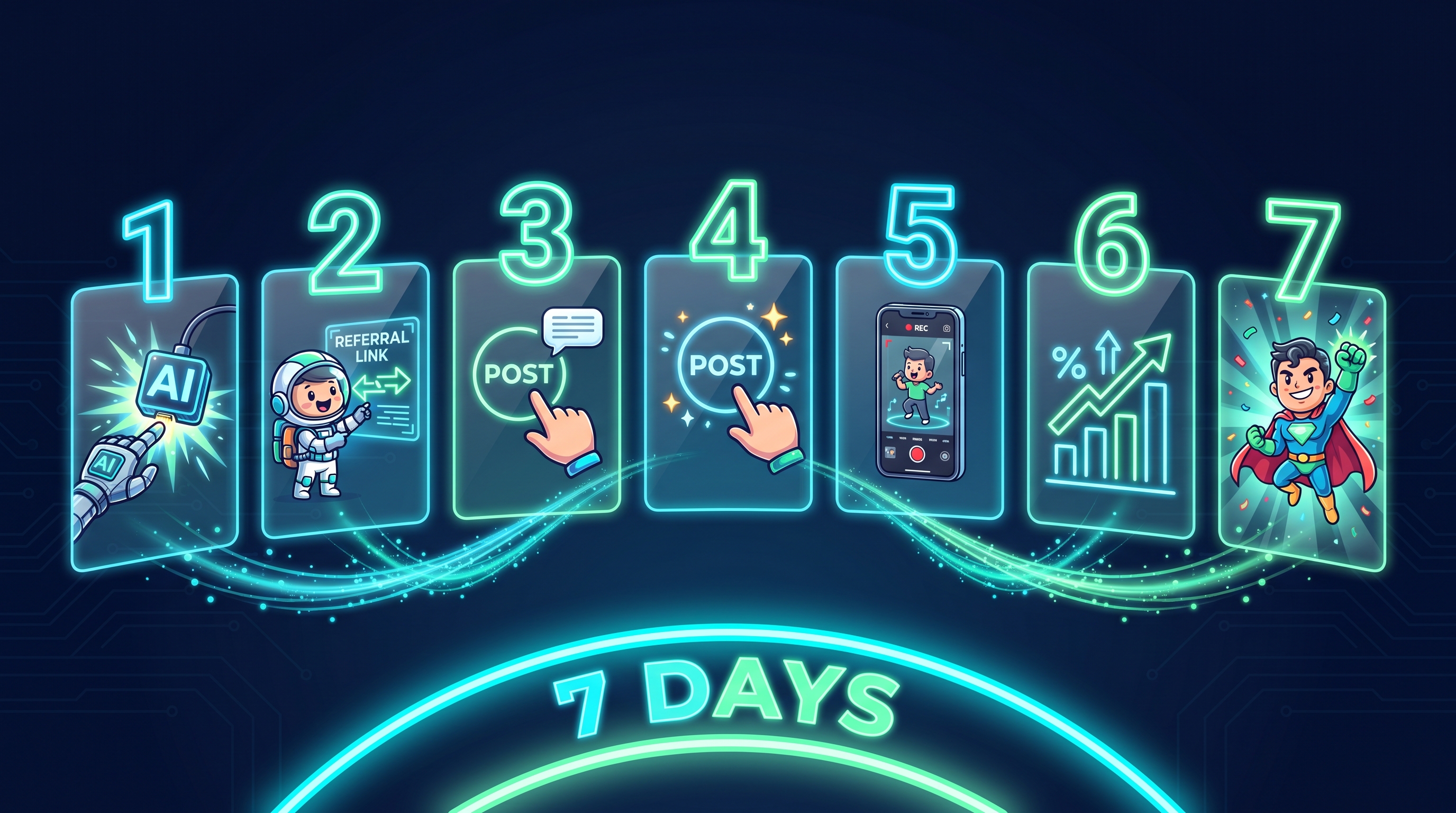 Horizontal timeline of 7 glowing cards showing partner actions by day — from account setup to launch and metric measurement