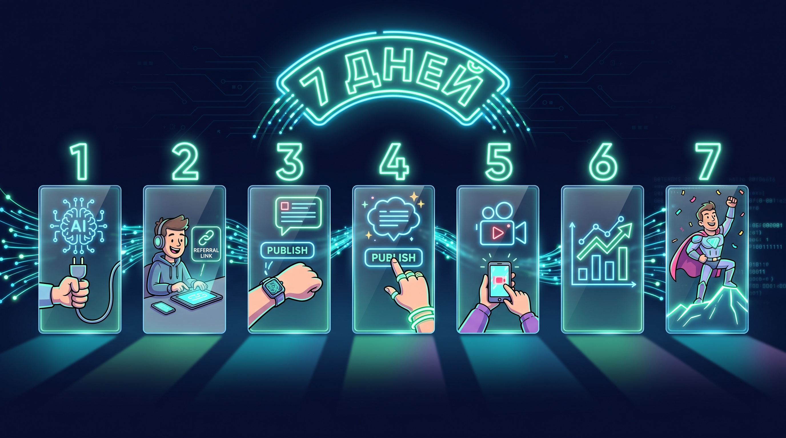 Горизонтальный таймлайн из 7 светящихся карточек с действиями партнёра по дням — от настройки аккаунта до запуска и измерения метрик