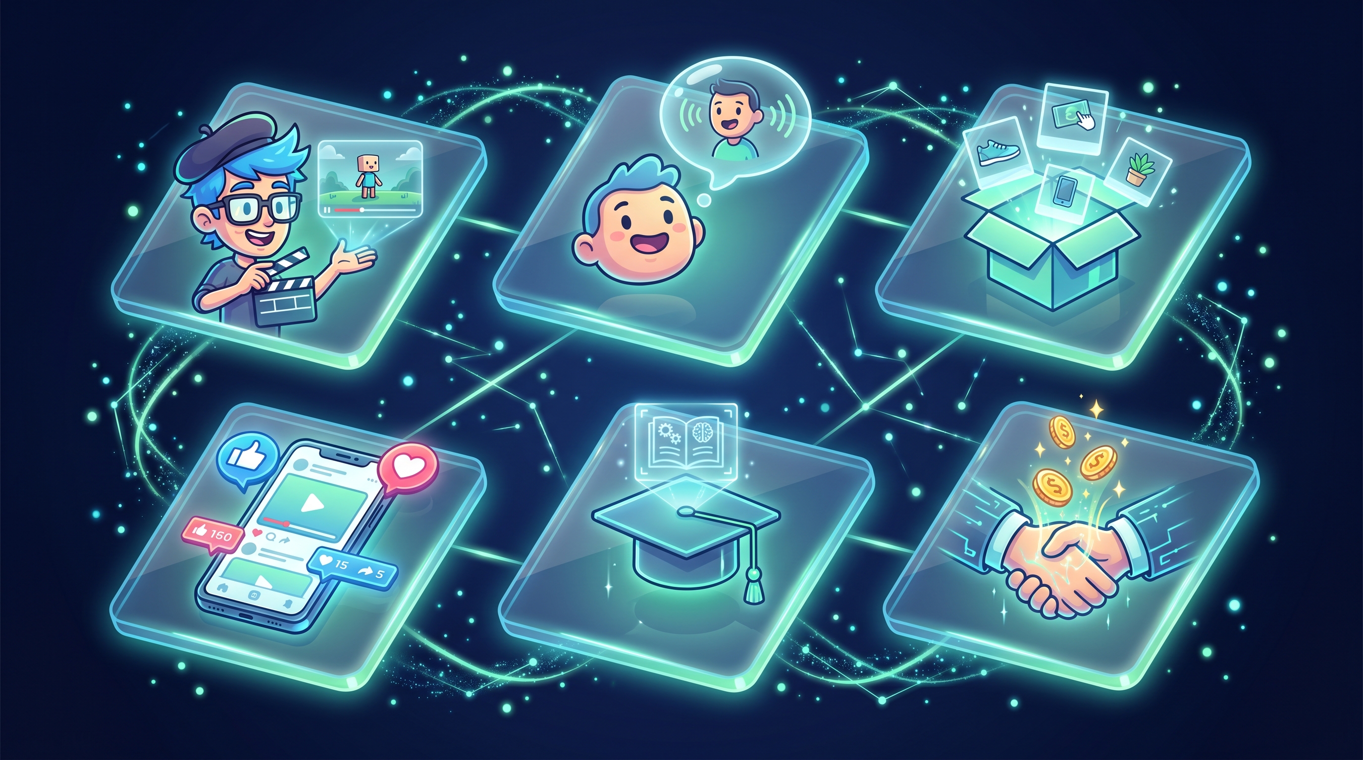 Six glowing cards: AI video, UGC avatars, marketplace photos, social content, courses, and affiliate programs — the main niches for earning with AI