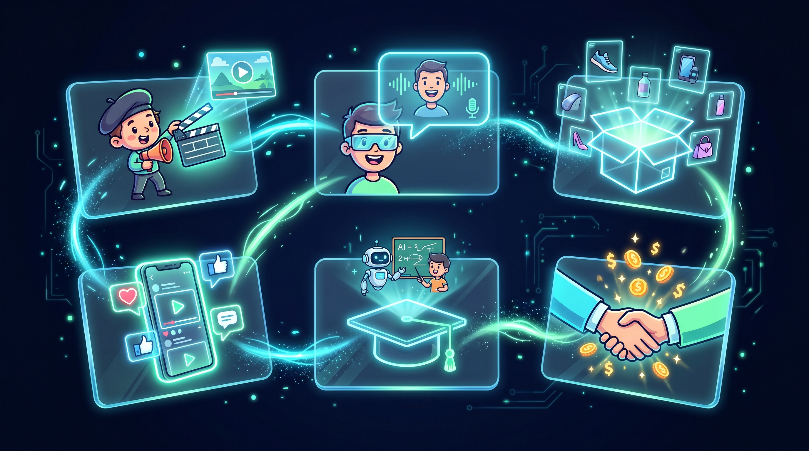 Шесть светящихся карточек: AI-видео, UGC-аватары, фото для маркетплейсов, контент для соцсетей, обучение и партнёрские программы — основные ниши заработка на нейросетях