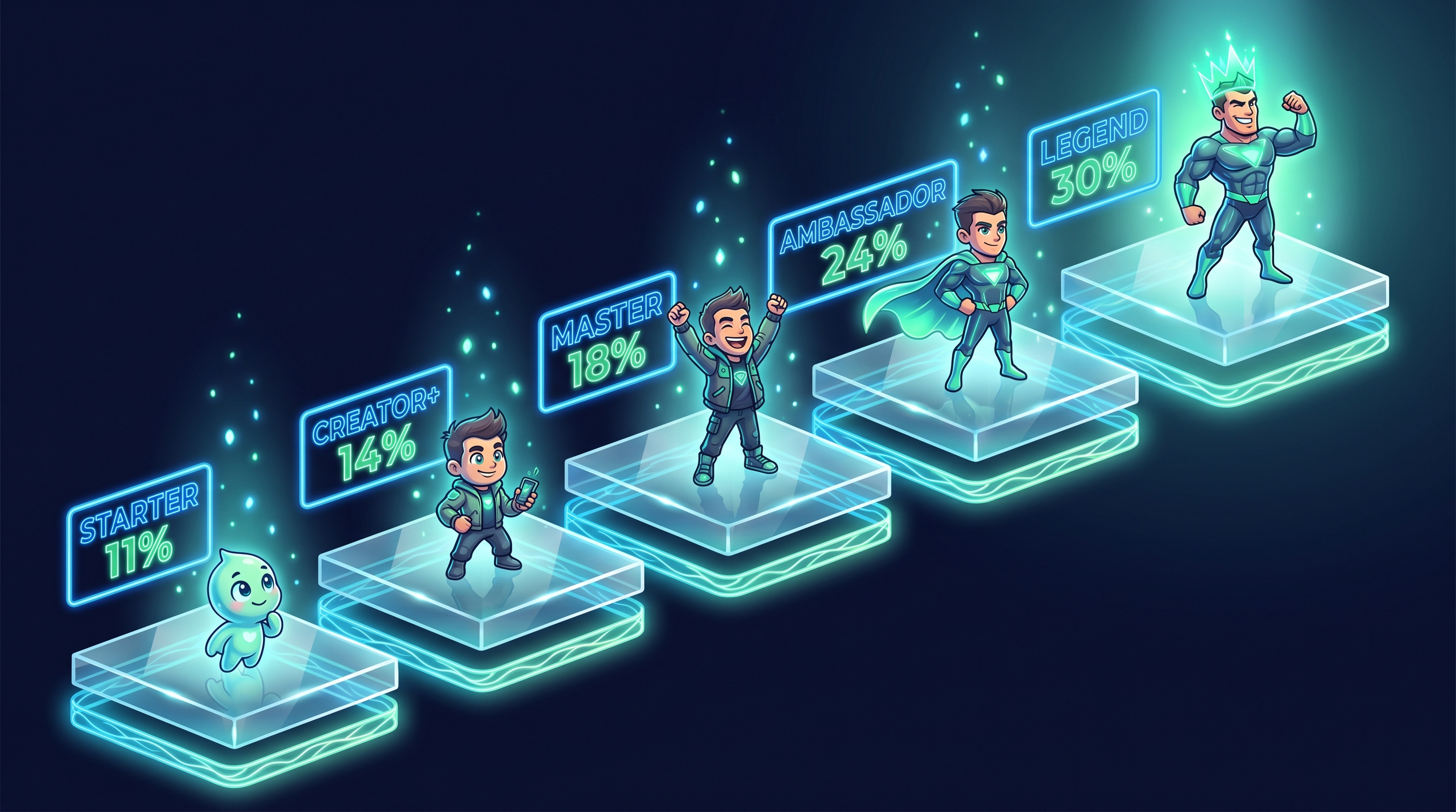 Five glowing glass staircase steps with partner characters on each: Starter 11%, Creator+ 14%, Master 18%, Ambassador 24%, Legend 30% — rising cyan-green glow toward the top