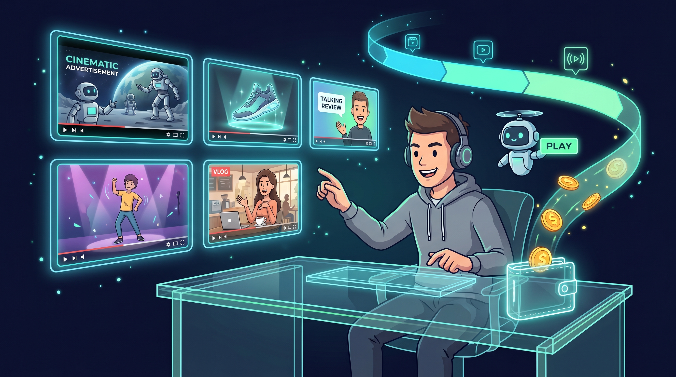 A creator at a glass desk producing AI videos for clients; finished clips turn into coins flowing into a glowing wallet