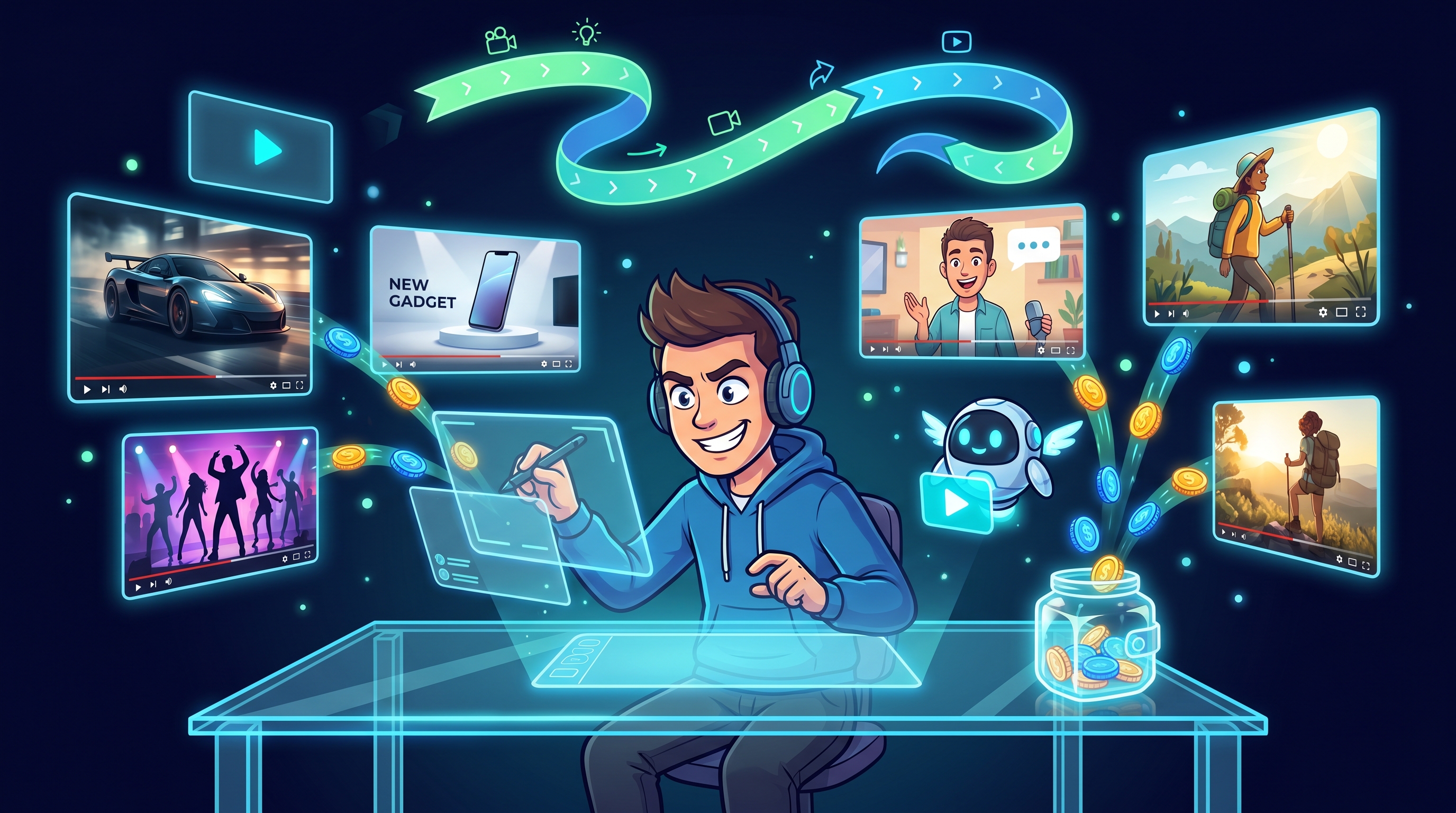 Креатор за стеклянным столом монтирует AI-видео для клиентов, готовые ролики превращаются в монеты, текущие в светящийся кошелёк