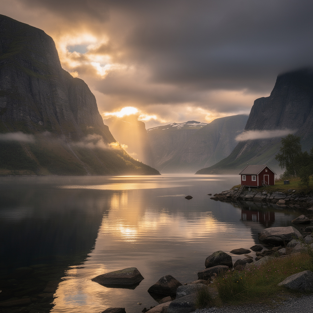Norwegian fjords at golden hour, dramatic storm clouds clearing, shafts of sunlight breaking through, reflections on still water, small wooden cabin on the shore, epic landscape photography, ultra wide angle, high dynamic range, cinematic