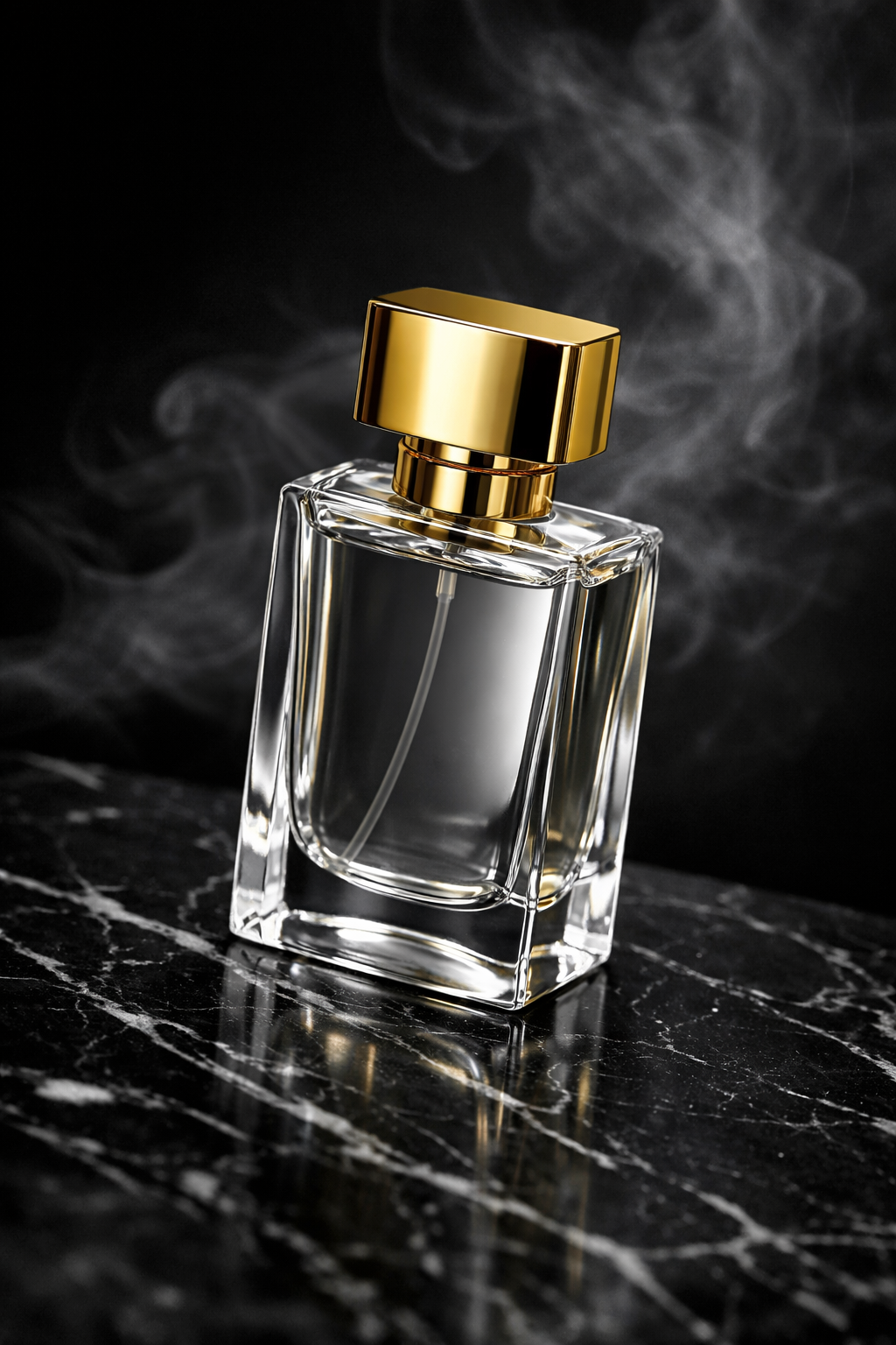 Premium glass perfume bottle with gold cap, placed on black marble surface, 45-degree angle shot, studio lighting with soft diffused key light and subtle rim light, luxury product photography, dark background with smoke wisps, ultra-sharp focus