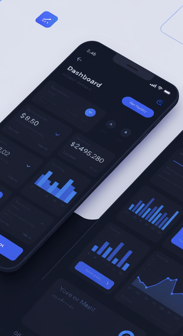 Mobile app UI design, dark mode fintech dashboard, deep navy and electric blue color palette, clean card-based layout, data visualization charts, minimalist interface, crisp typography, modern design system, 4K resolution