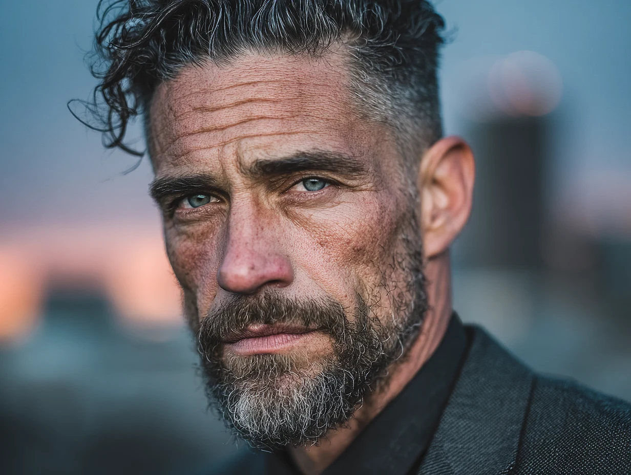 A 35-year-old businessman with sharp features and salt-and-pepper stubble, wearing a tailored charcoal suit, confident expression, blurred city skyline at dusk background, dramatic rim lighting, editorial photography style, high contrast, 4K