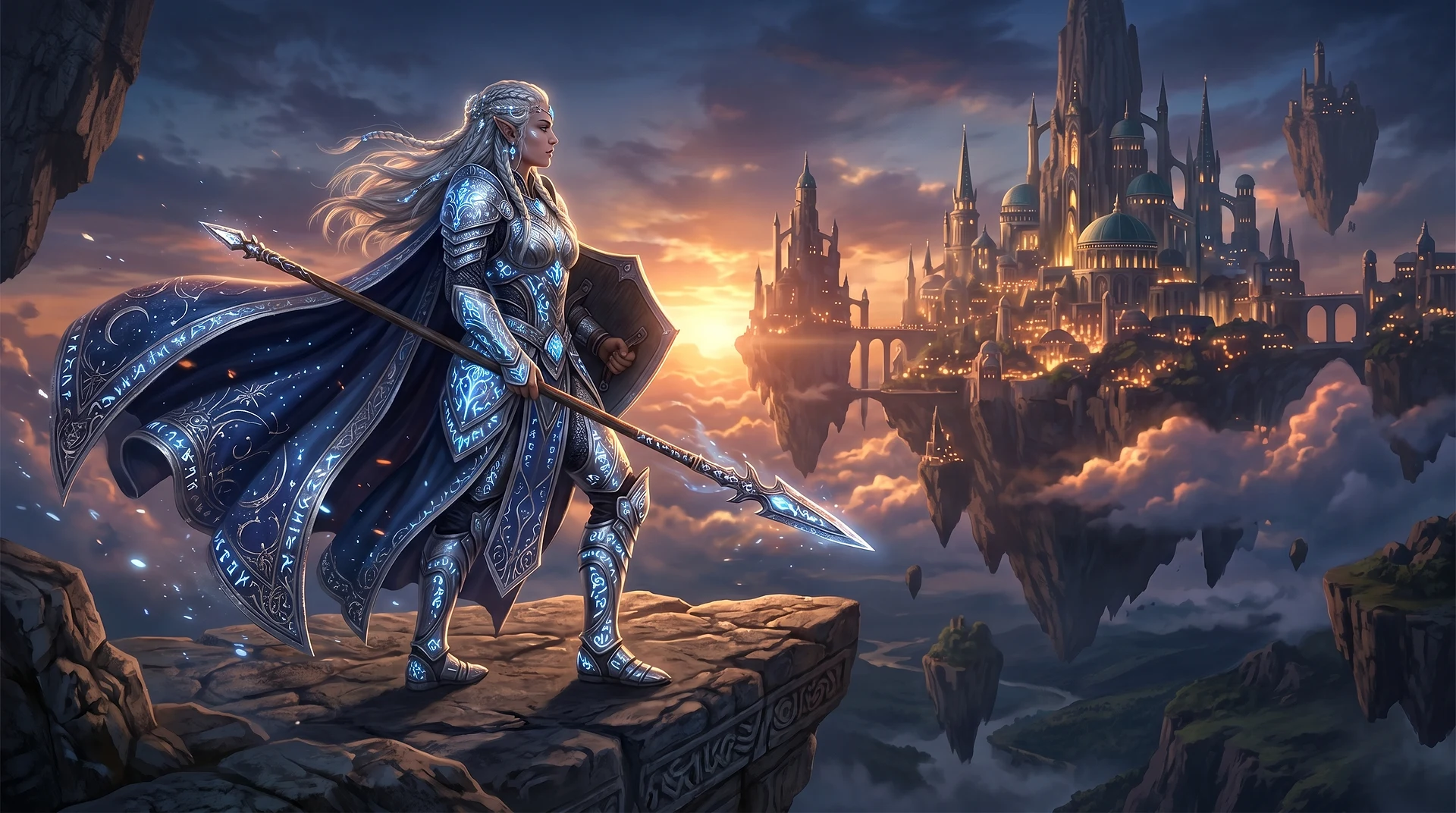 Ancient elven warrior queen in silver armor covered in glowing runes, standing at the edge of a floating island city at twilight, her cape flowing in the wind, dramatic backlight, epic fantasy digital art, highly detailed, cinematic composition