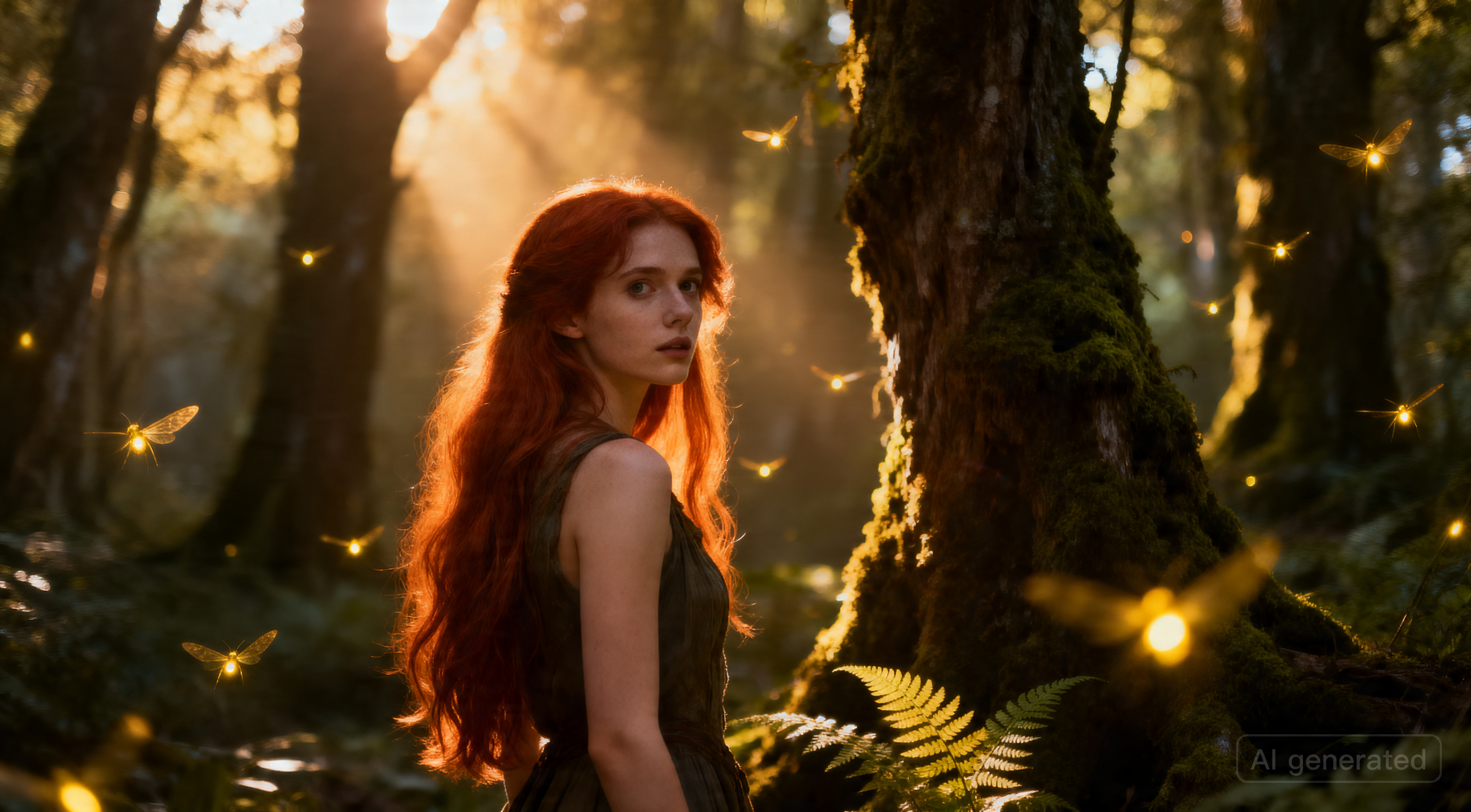 A young woman with long red hair, standing in an ancient forest, looking over her shoulder with a mysterious expression, surrounded by glowing fireflies, cinematic lighting with soft god rays through the canopy, photorealistic, 8K, shallow depth of field