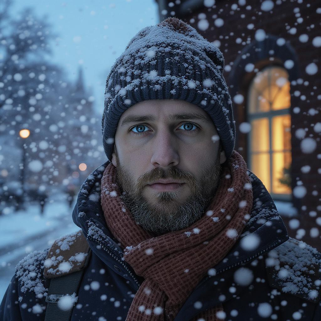 Keep the central subject and composition identical, but transform the setting into a snowy Moscow winter scene at blue hour, soft falling snowflakes, subtle warm window glow in the background, preserve all facial features and materials, photorealistic result