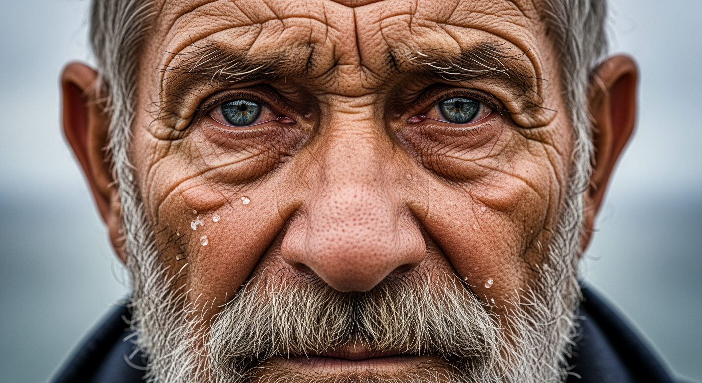 Extreme close-up photograph of an elderly Portuguese fisherman's weathered face, deep wrinkles mapping decades at sea, salt spray droplets clinging to his grey beard, the ocean reflected in his piercing blue eyes, overcast diffused natural light, shallow depth of field, National Geographic portrait photography