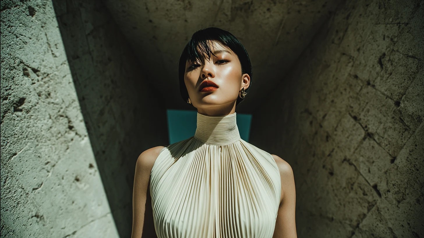 Avant-garde fashion editorial portrait of a Korean model wearing an architectural pleated cream gown, sharp geometric shadows sculpting her face, brutalist concrete backdrop, Vogue Paris aesthetic, high contrast, 35mm film grain, cinematic color grading
