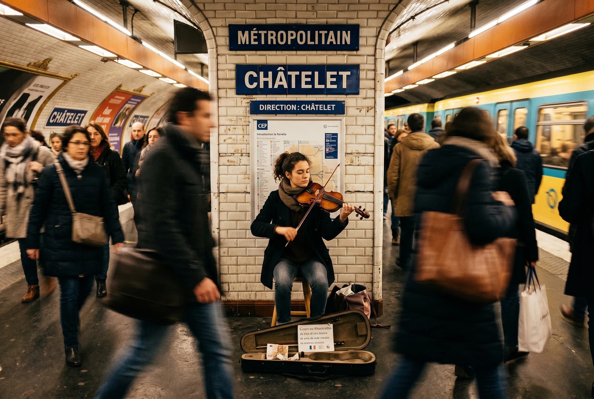 Candid street photography of a young female street musician playing violin in a Parisian metro station, motion-blurred commuters passing by on either side, warm tungsten platform lighting, Leica 35mm look, grainy photojournalism aesthetic, sense of movement and solitude