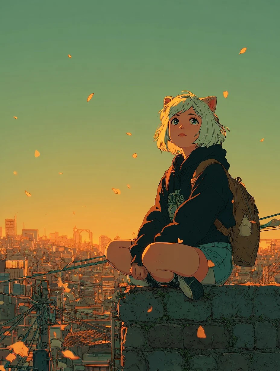 Anime girl with silver hair, amber eyes and cat ears, sitting on a Tokyo rooftop at golden-hour sunset, cherry blossom petals drifting across the frame, distant city skyline bathed in warm light, Studio Ghibli inspired art direction, soft pastel palette, wistful atmosphere, detailed linework