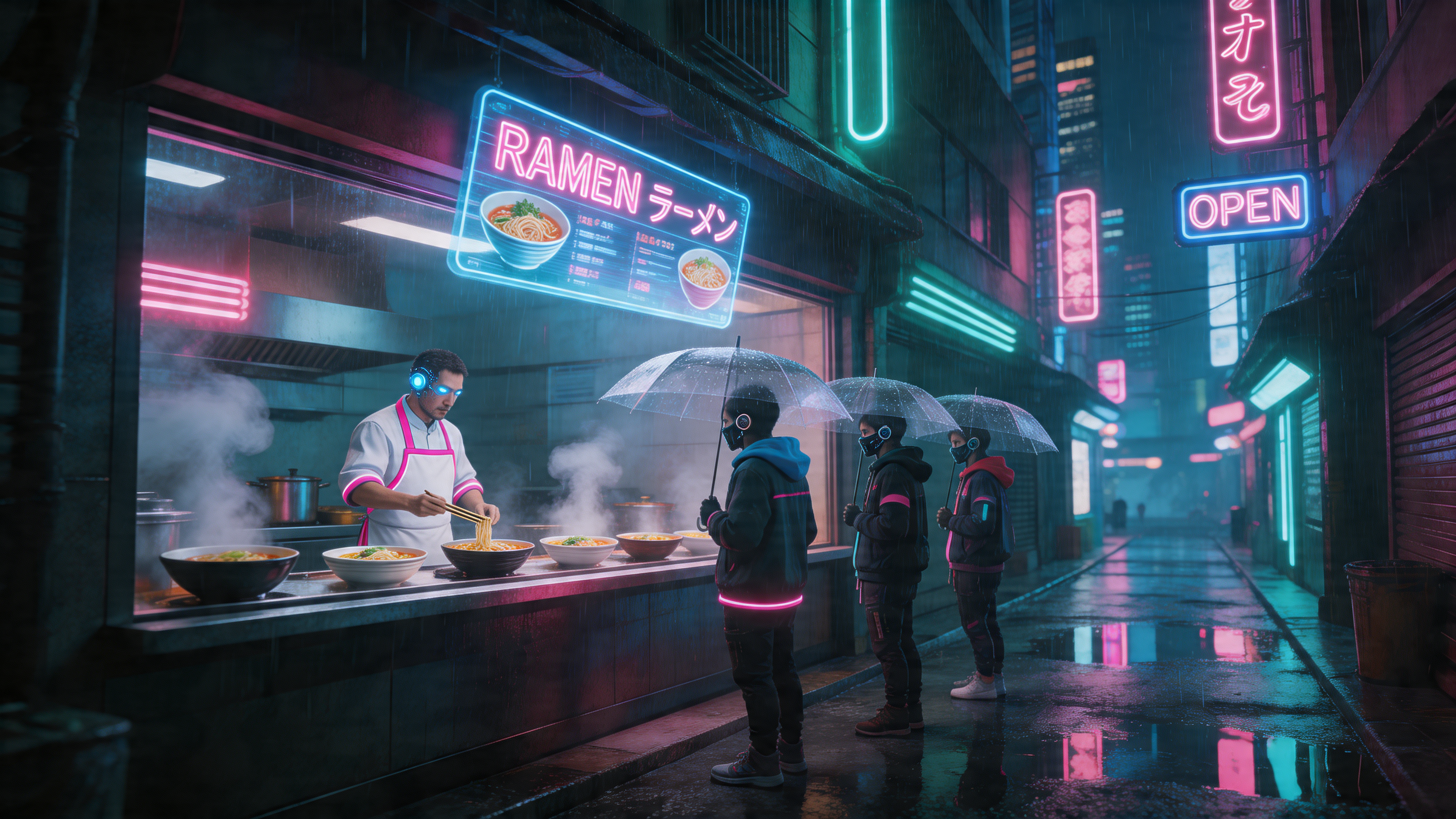 Cyberpunk ramen chef behind a glass counter in a neon-lit Tokyo alley at 3am, thick steam rising from bowls, a holographic menu floating above the counter, rain puddle reflections on pavement below, three customers queueing under transparent umbrellas, wide cinematic composition, Blade Runner color palette, intricate layered details