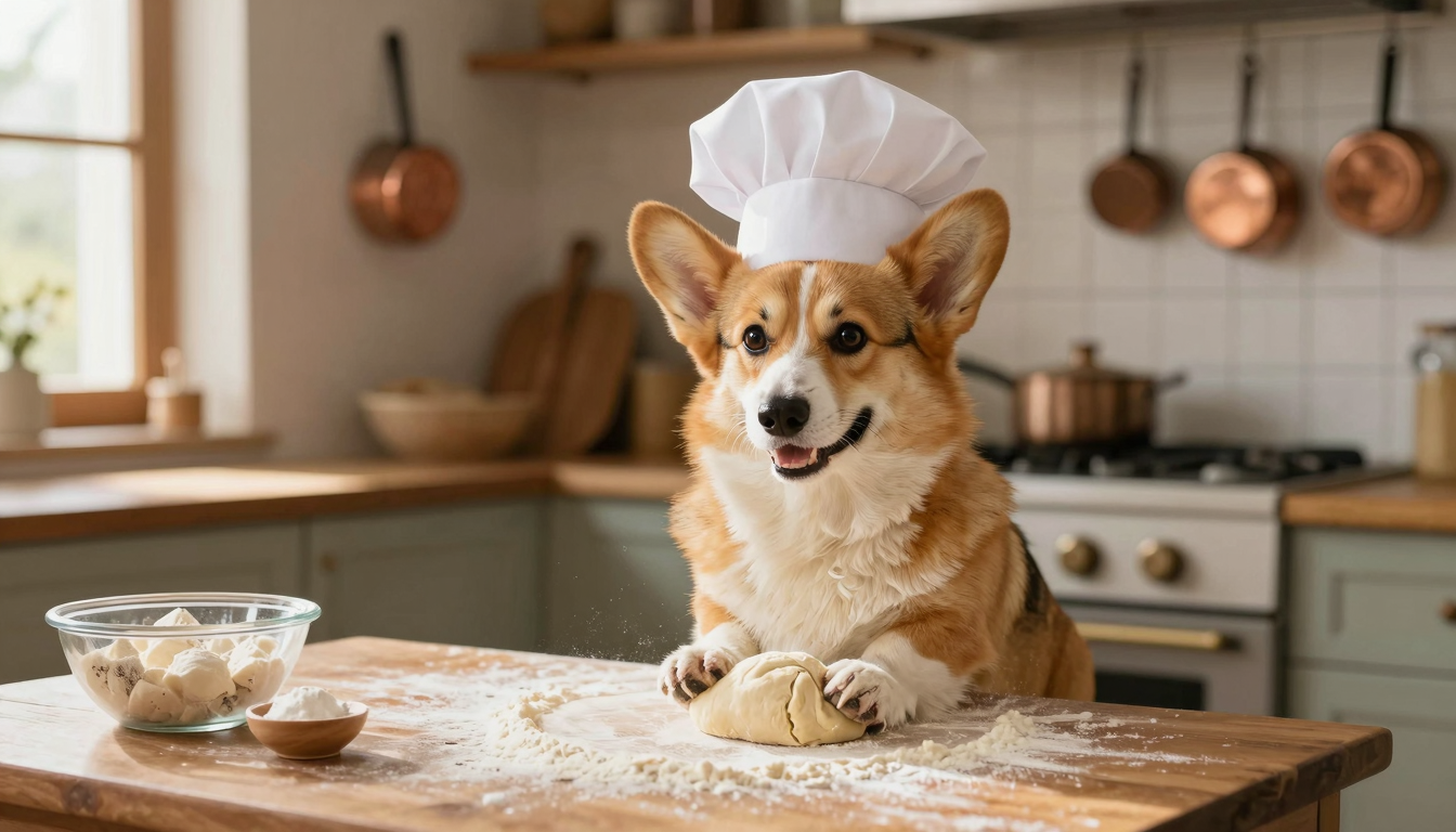 A corgi wearing a tiny white chef hat, kneading dough on a flour-dusted wooden table in a rustic Italian kitchen, warm afternoon sunlight streaming through a window, hanging copper pots in the background, cheerful mood, high-quality stock photo style