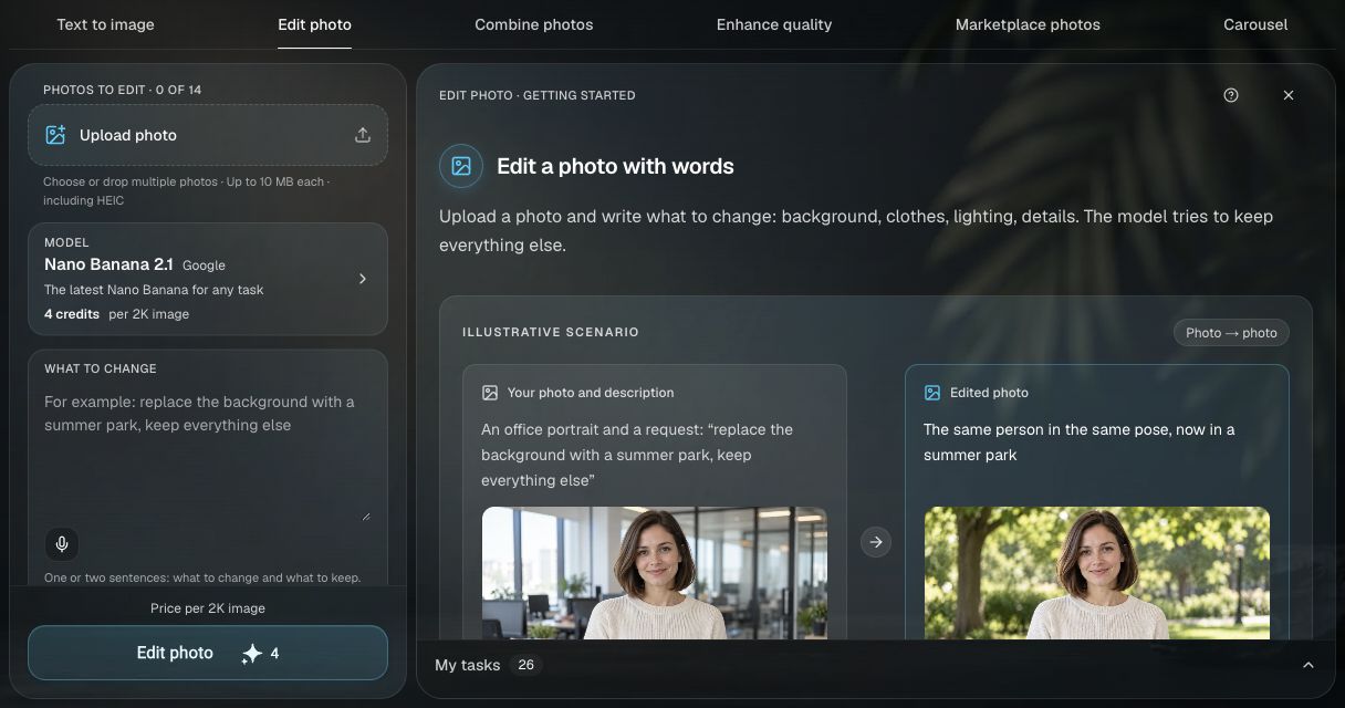 Current Clipia image studio with the Edit photo tab