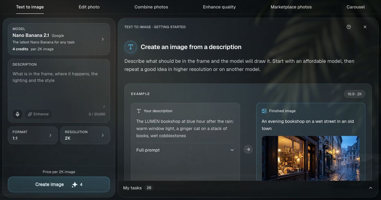 Clipia image studio with the Text to image tab, model selection and description field