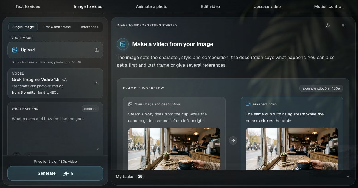Clipia Image to video tab with source-image scenario controls