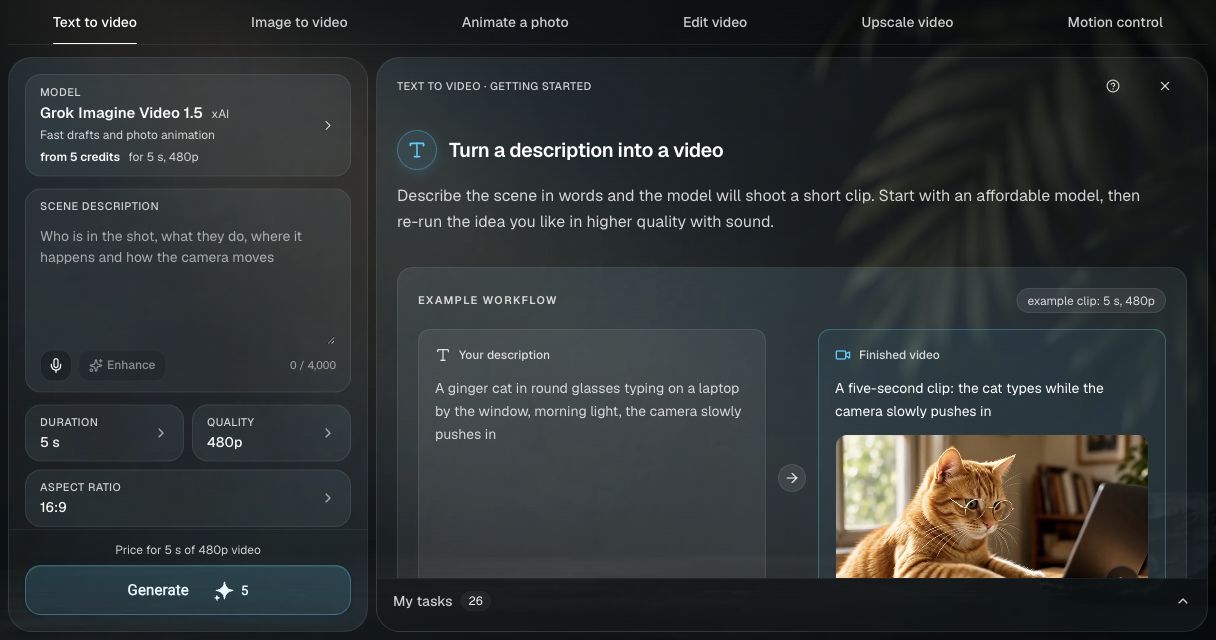 Clipia video studio showing Text to video and the video creation form