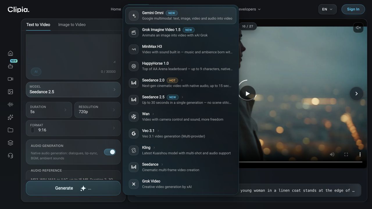 Selecting Seedance 2.5 in the Clipia video editor