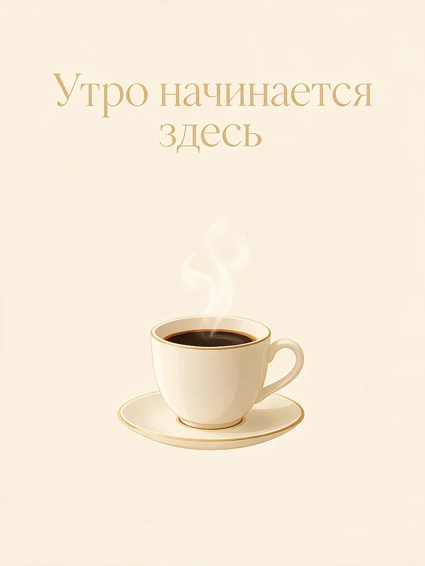Постер с русским заголовком «Утро начинается здесь», сгенерированный Seedream 5.0 Pro — буквы без искажений