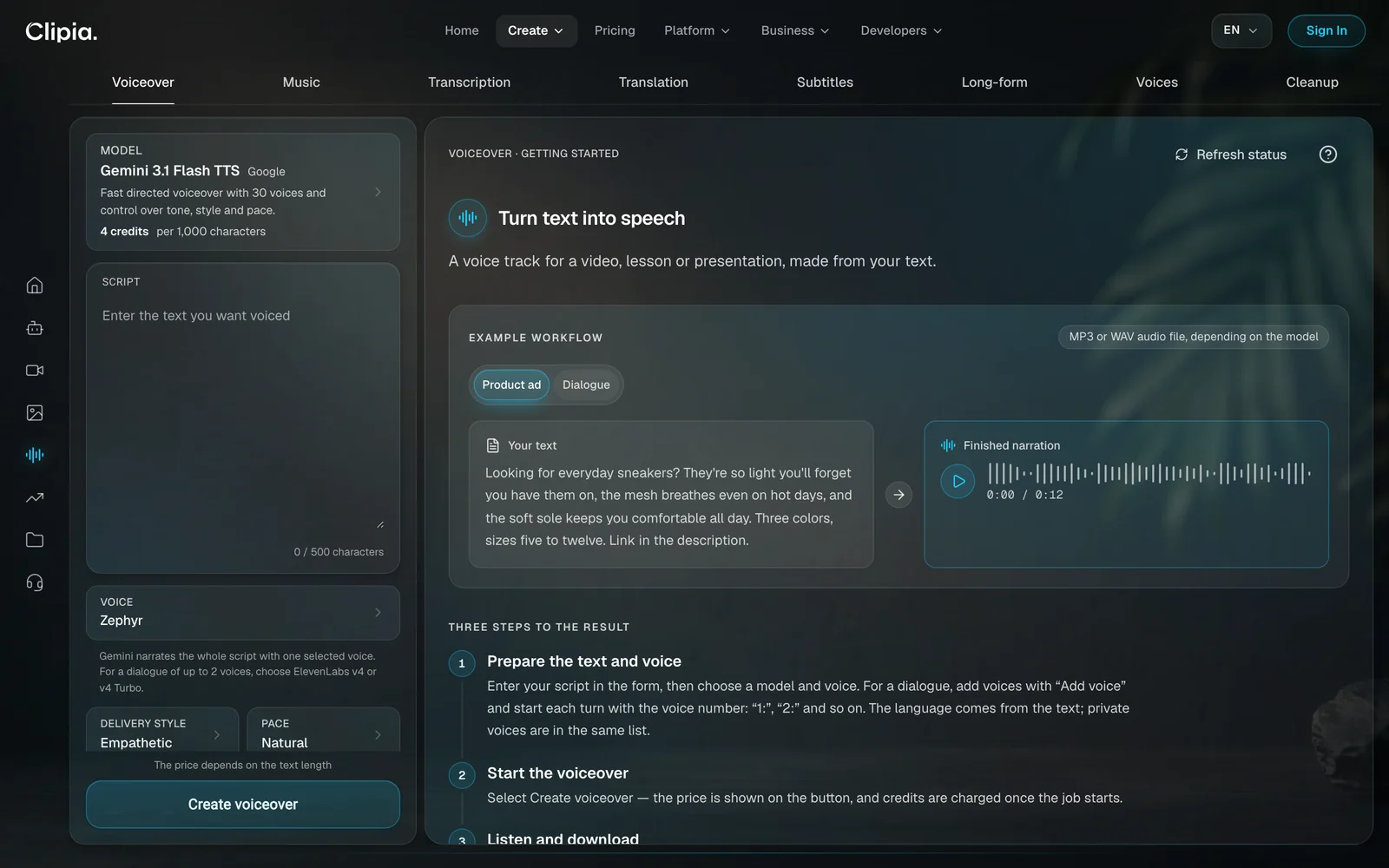 Clipia audio studio: eight tabs — Voiceover, Music, Transcription, Translation, Subtitles, Long-form, Voices and Cleanup; on the left the form with Gemini 3.1 Flash TTS and the Zephyr voice, on the right a sample script with its finished narration