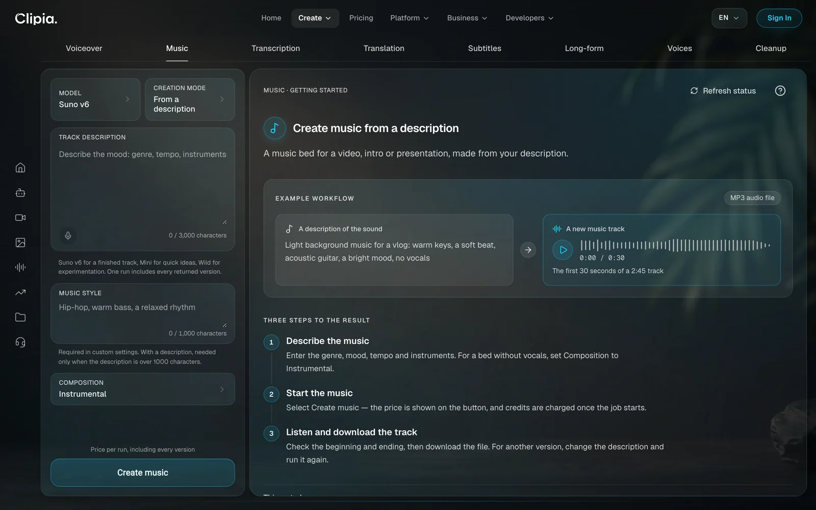 Music tab: the Suno v6 model, the From a description mode, Track description and Music style fields, Composition set to Instrumental; on the right an example of light background music for a vlog