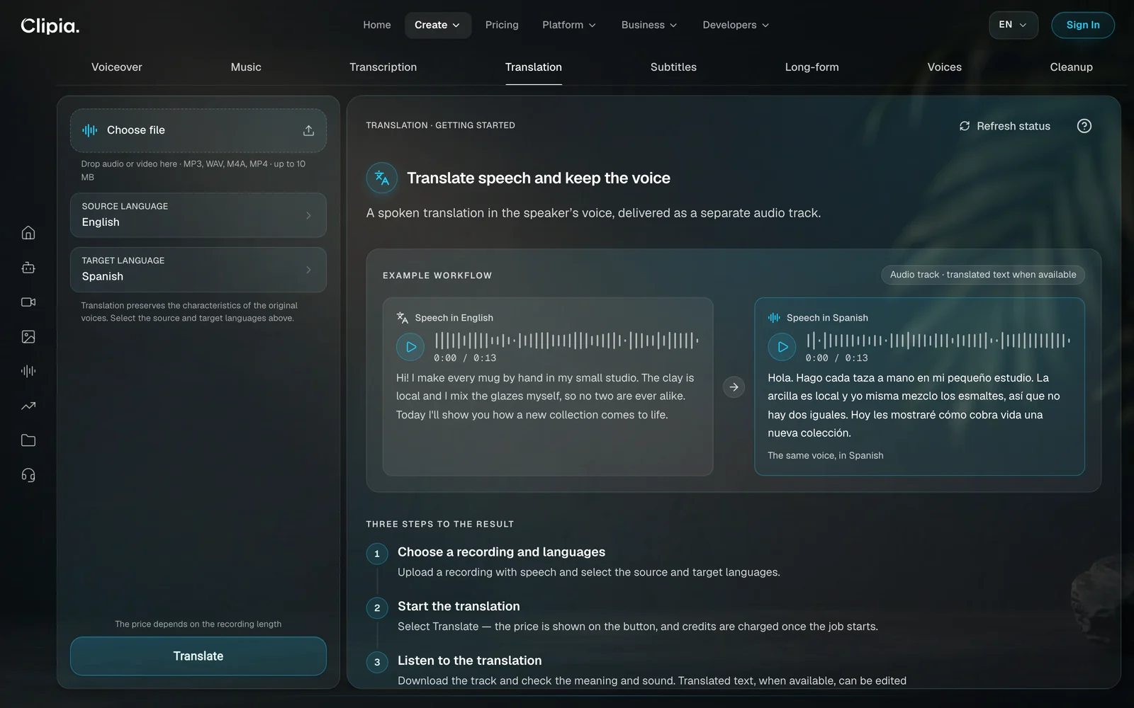The Translation tab in the Clipia audio studio: source and target language pickers, with an example of speech in English and the same voice in Spanish