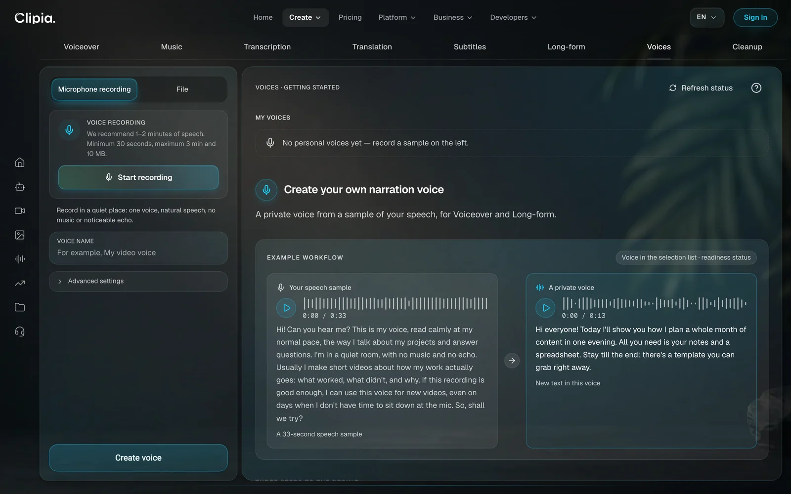 Voices tab: microphone recording or file, a recommendation of 1–2 minutes of speech and the Voice name field; on the right an example with a 33-second speech sample and a new text read in that voice