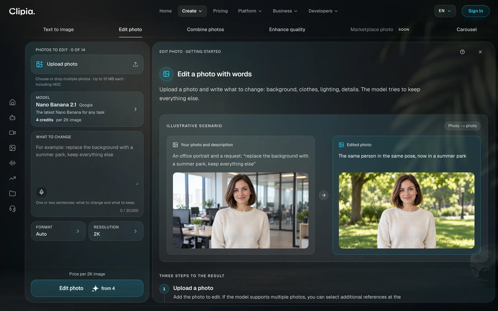 Edit photo tab: an upload area for up to 14 photos and the What to change field on the left; on the right an example where an office portrait becomes a portrait in a summer park