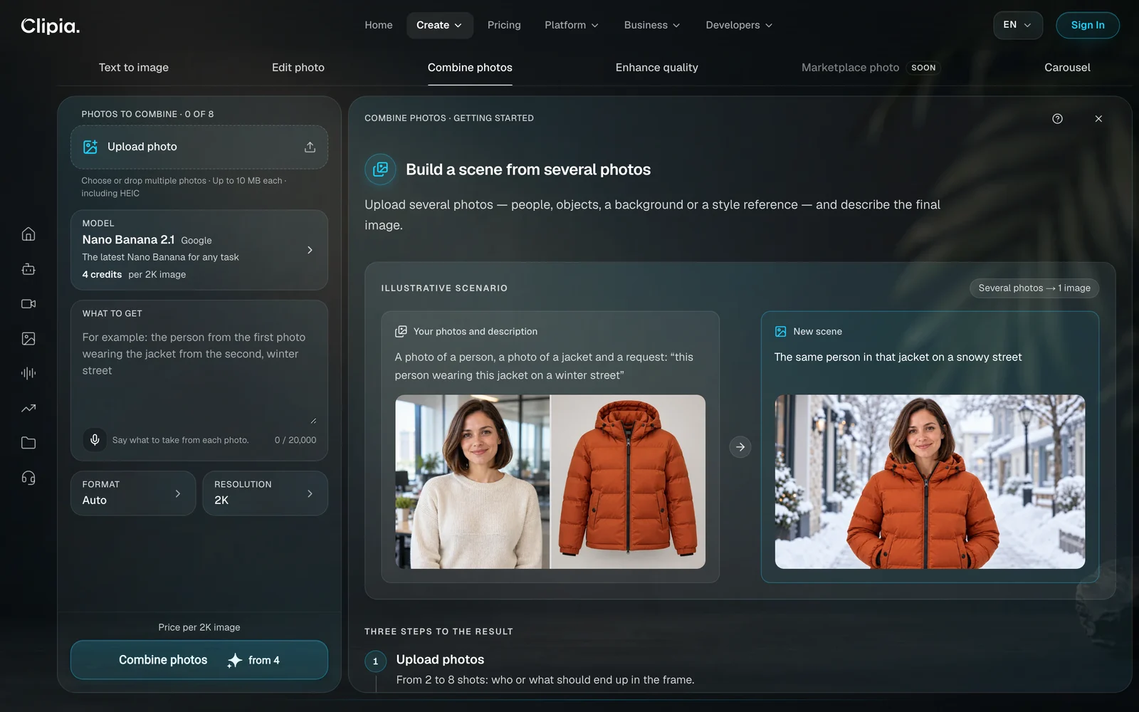 Combine photos tab: a photo of a person and a photo of a jacket become one image of the same person wearing that jacket on a snowy street