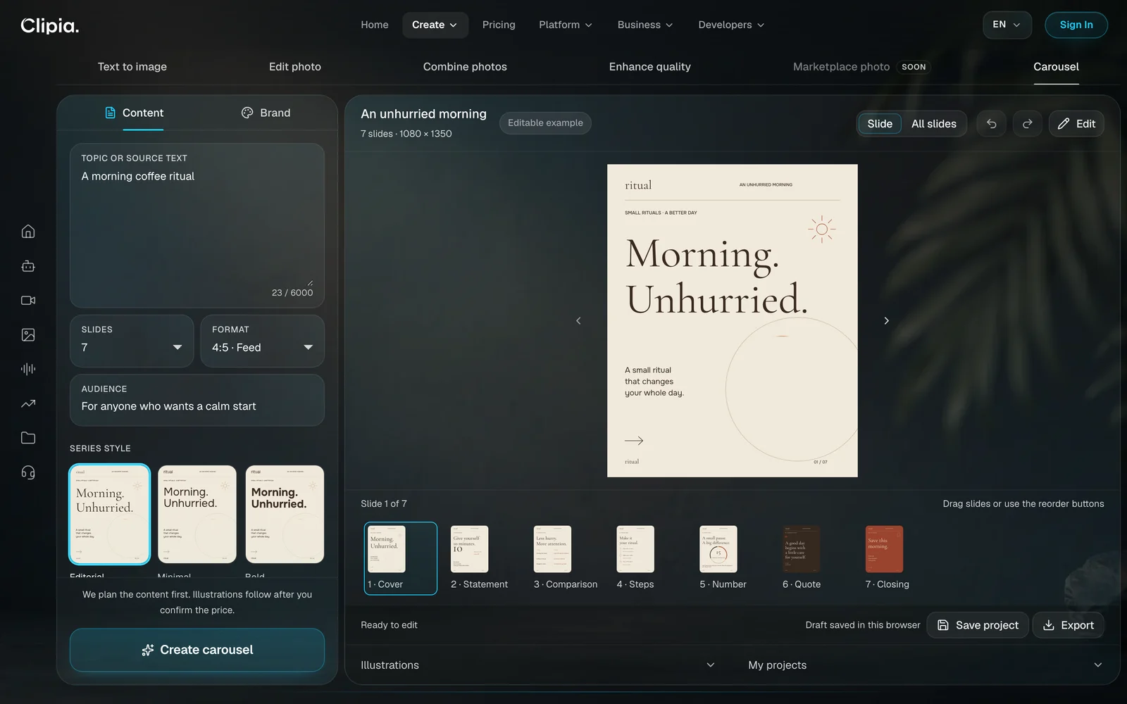 Carousel tab: topic, slide count from 4 to 12 and formats on the left; on the right the editable example An unhurried morning, seven slides at 1080×1350