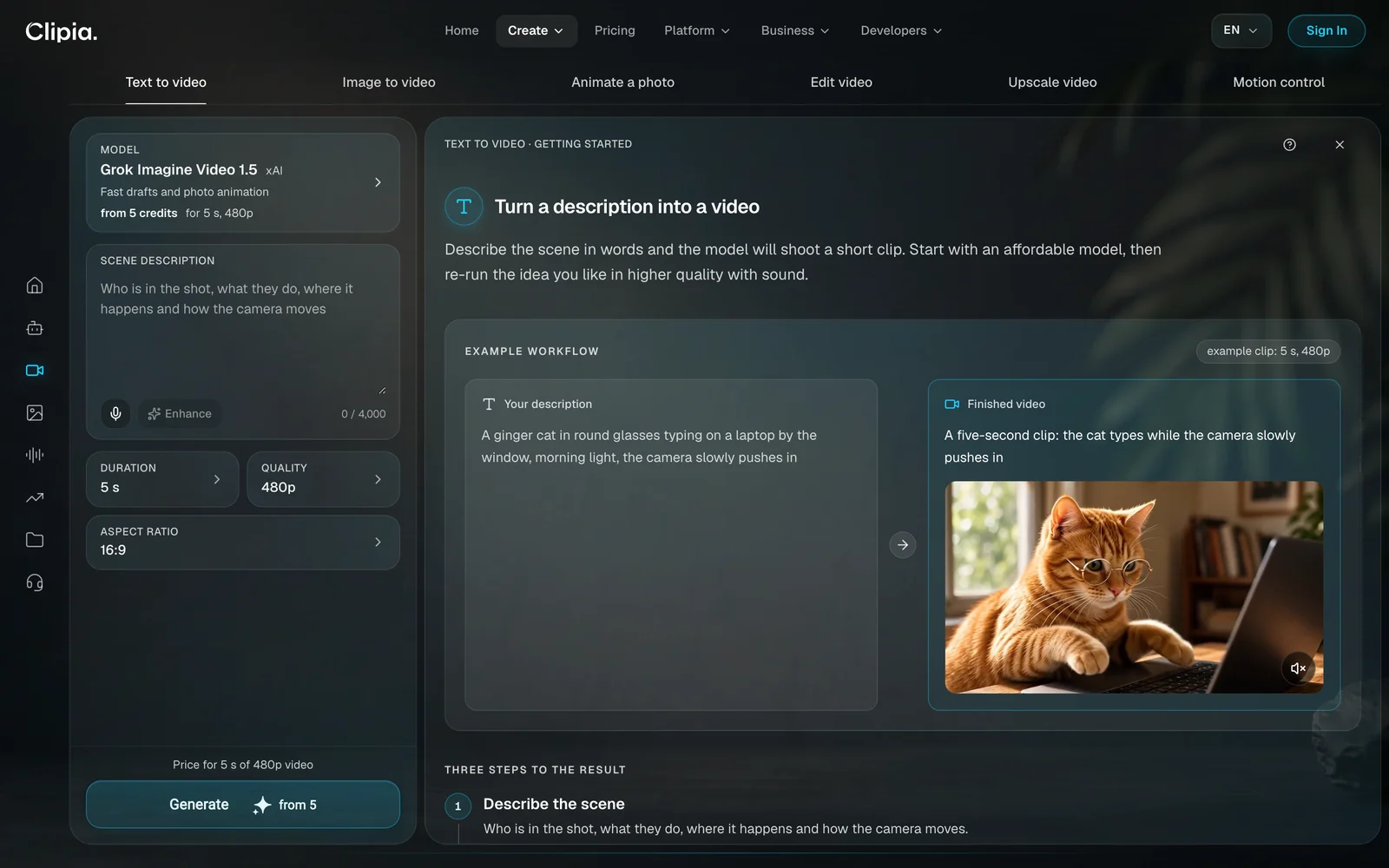 The new Clipia video studio: six task tabs on top, a form with the model and price on the left, an example workflow and three steps on the right
