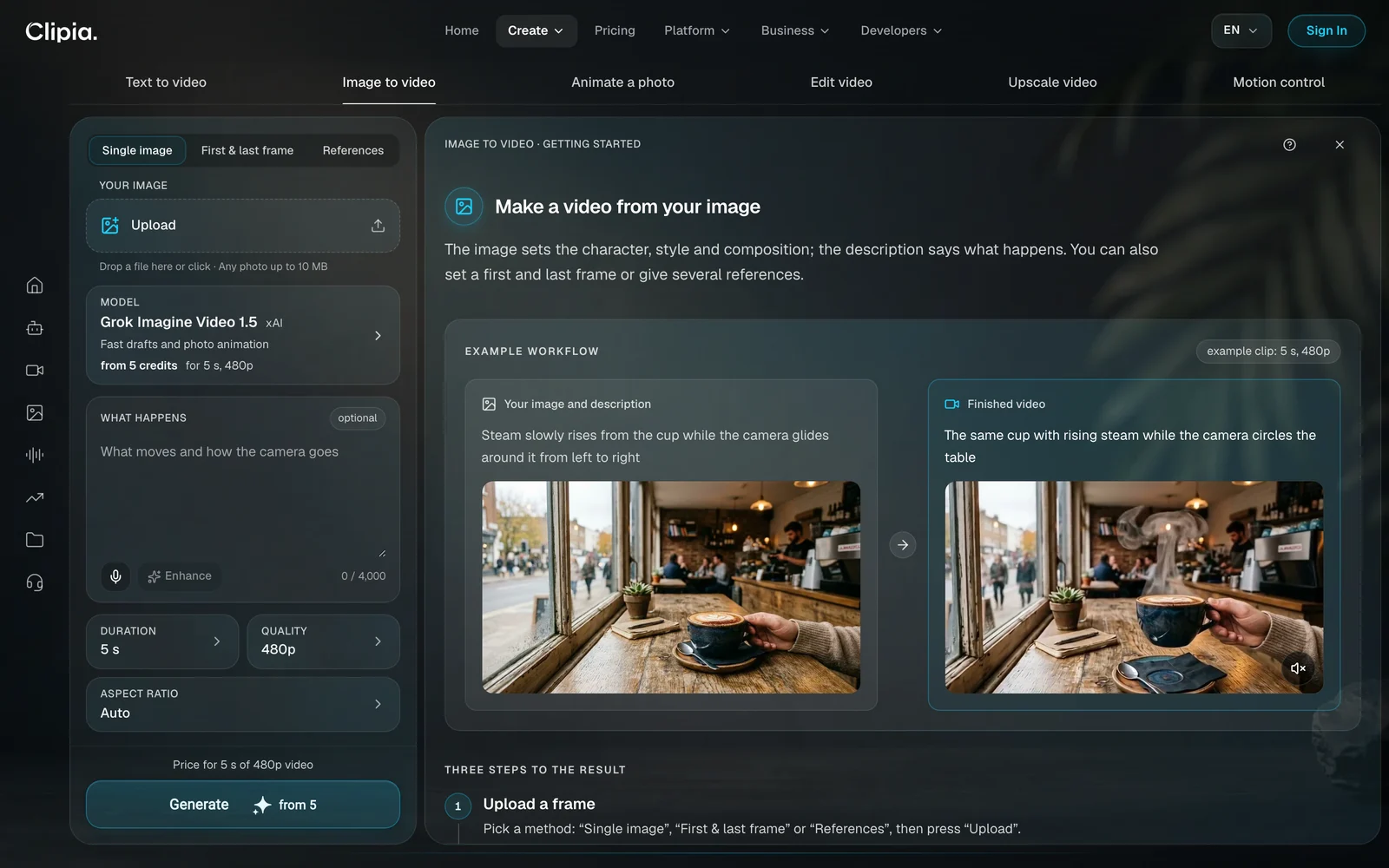 Image to video tab: three methods — Single image, First and last frame, References — and an example of a coffee cup with rising steam