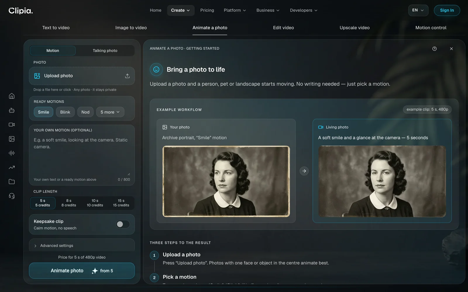 Animate a photo tab: ready motions Smile, Blink and Nod, clip lengths of 5, 8, 10 and 15 seconds, and an example of an archive portrait with a soft smile