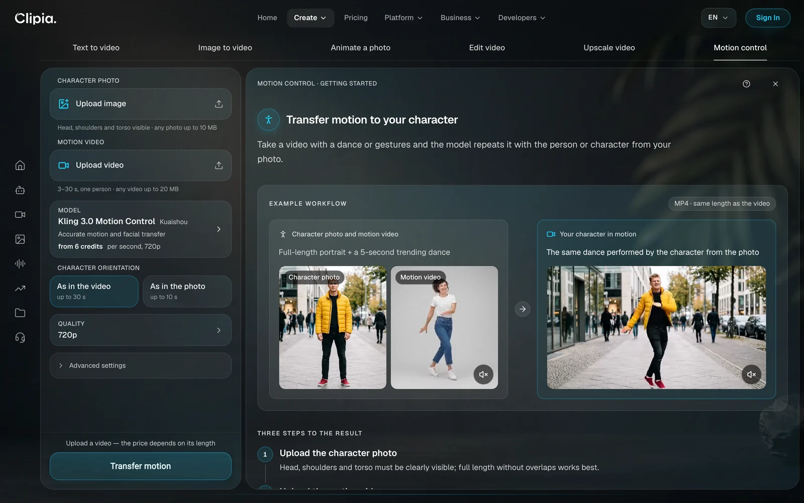 Motion control tab: upload areas for a character photo and a motion video, the Kling 3.0 Motion Control model, and an example where the character from the photo repeats a dance
