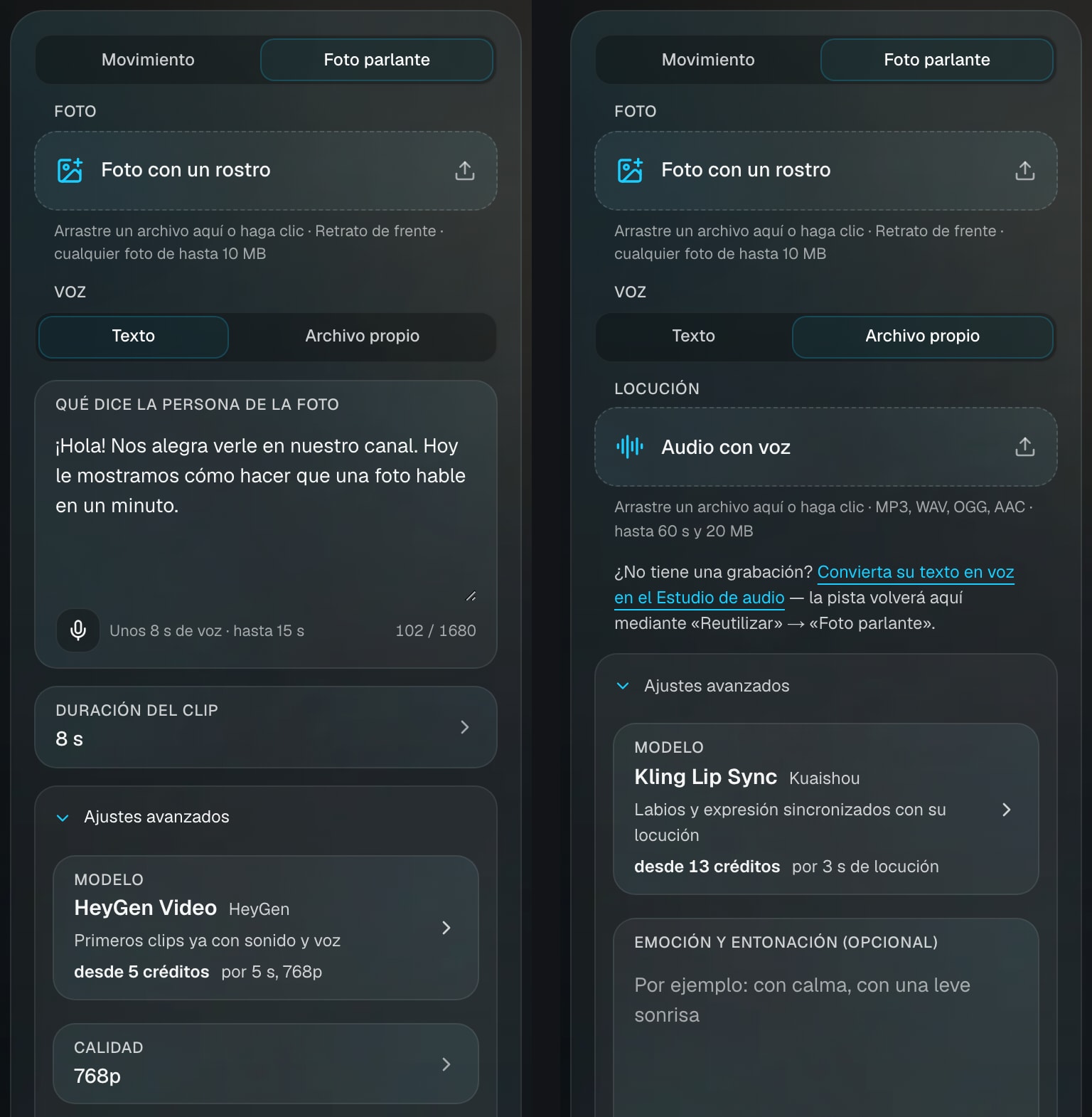 Dos caminos en el estudio Foto parlante de Clipia: voz a partir de texto a la izquierda, archivo de audio propio a la derecha