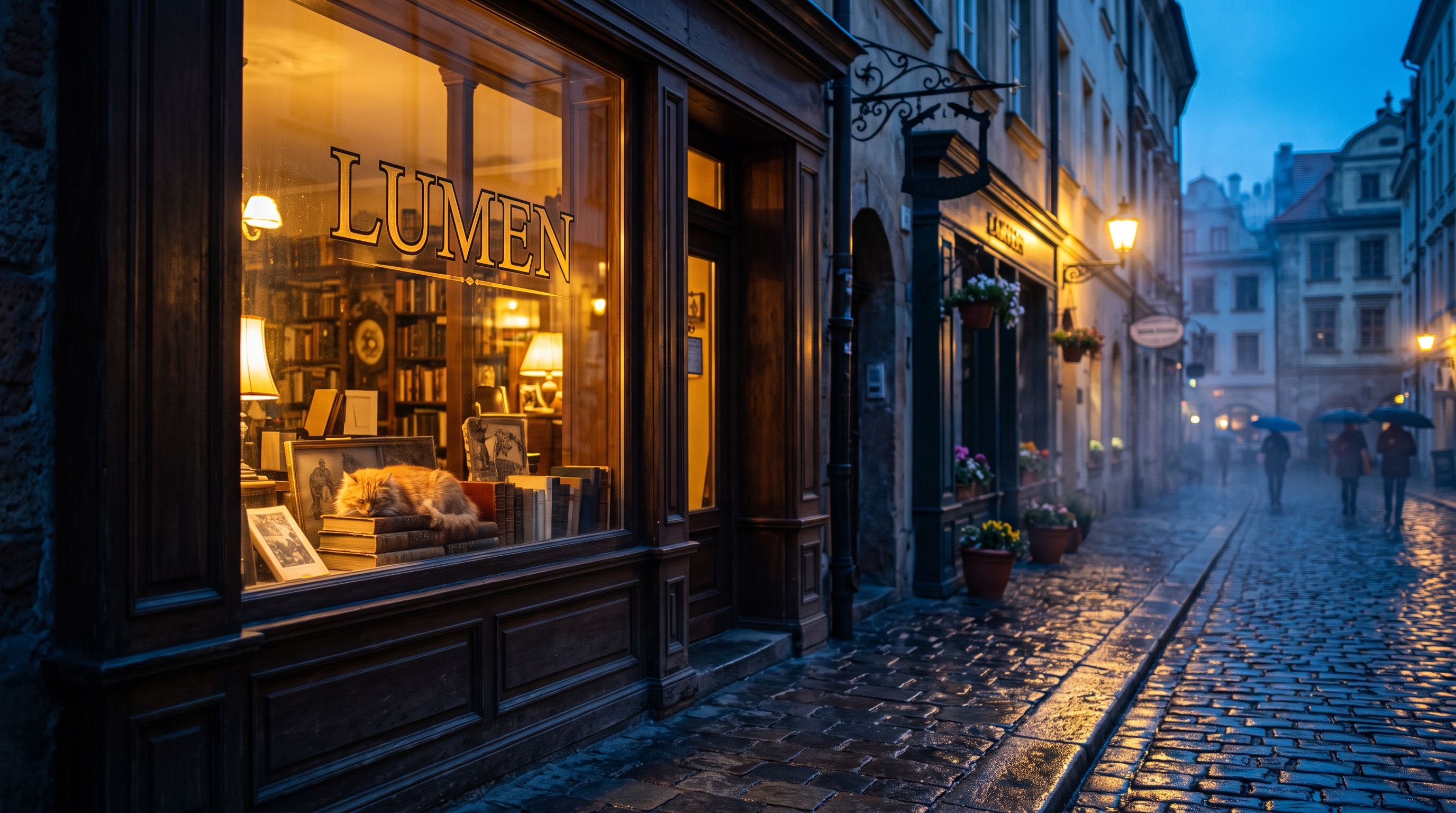 Example result: An evening bookshop on a wet street in an old town