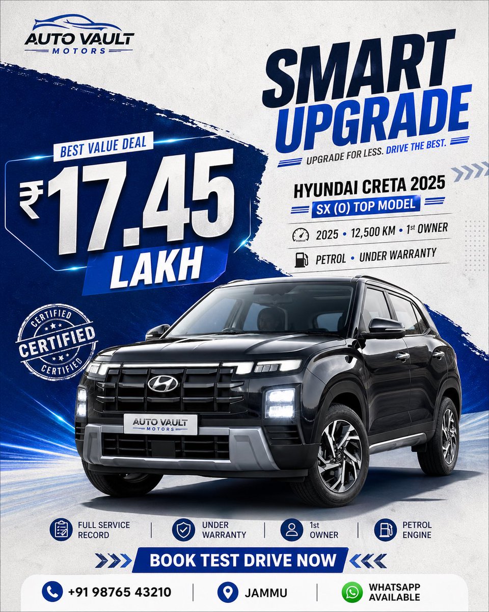 GPT Image 2 by @Diplomeme: [BRAND NAME = AUTO VAULT MOTORS]
[CAR MODEL = HYUNDAI CRETA 2025 • SX (O) TOP MO