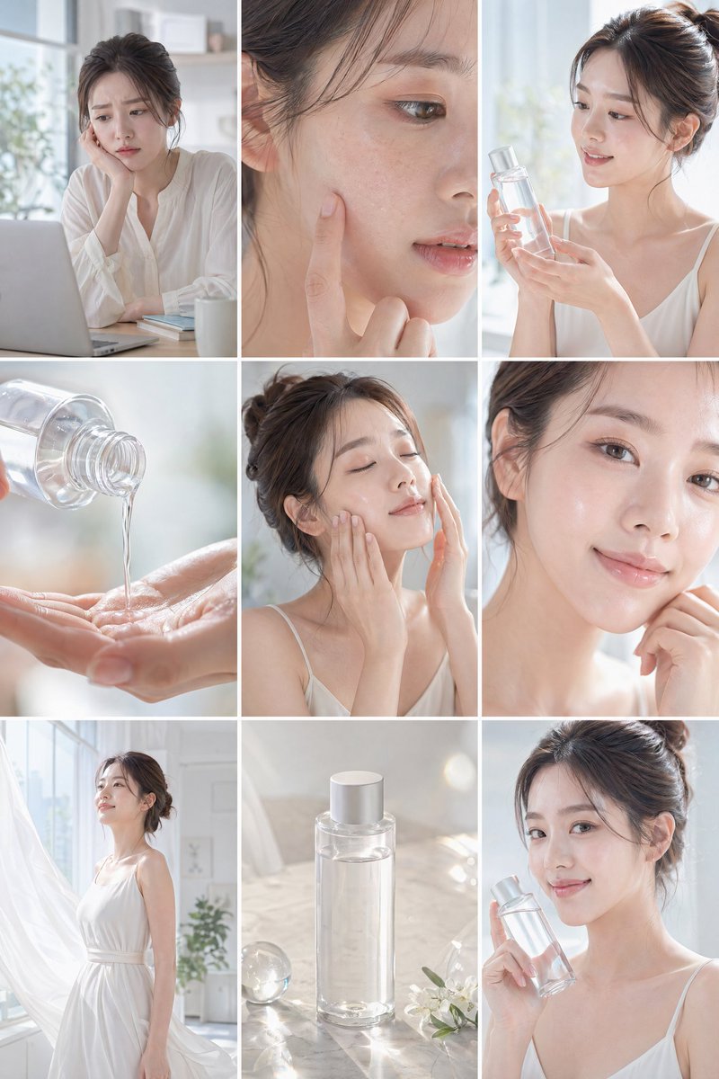 GPT Image 2 by @ZaraIrahh: Create a clean, bright skincare commercial storyboard in a 16:9 layout with 9 pa